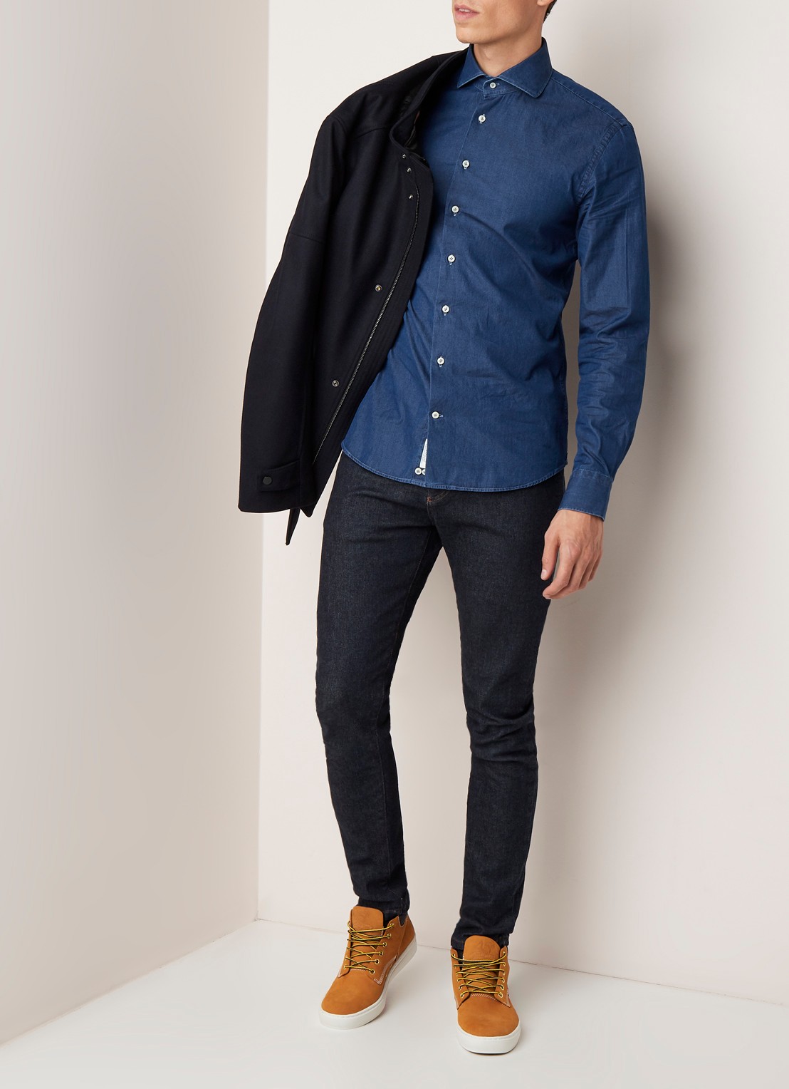 Profuomo Slim fit chambray overhemd met garment dye - voorkant 4 indigo