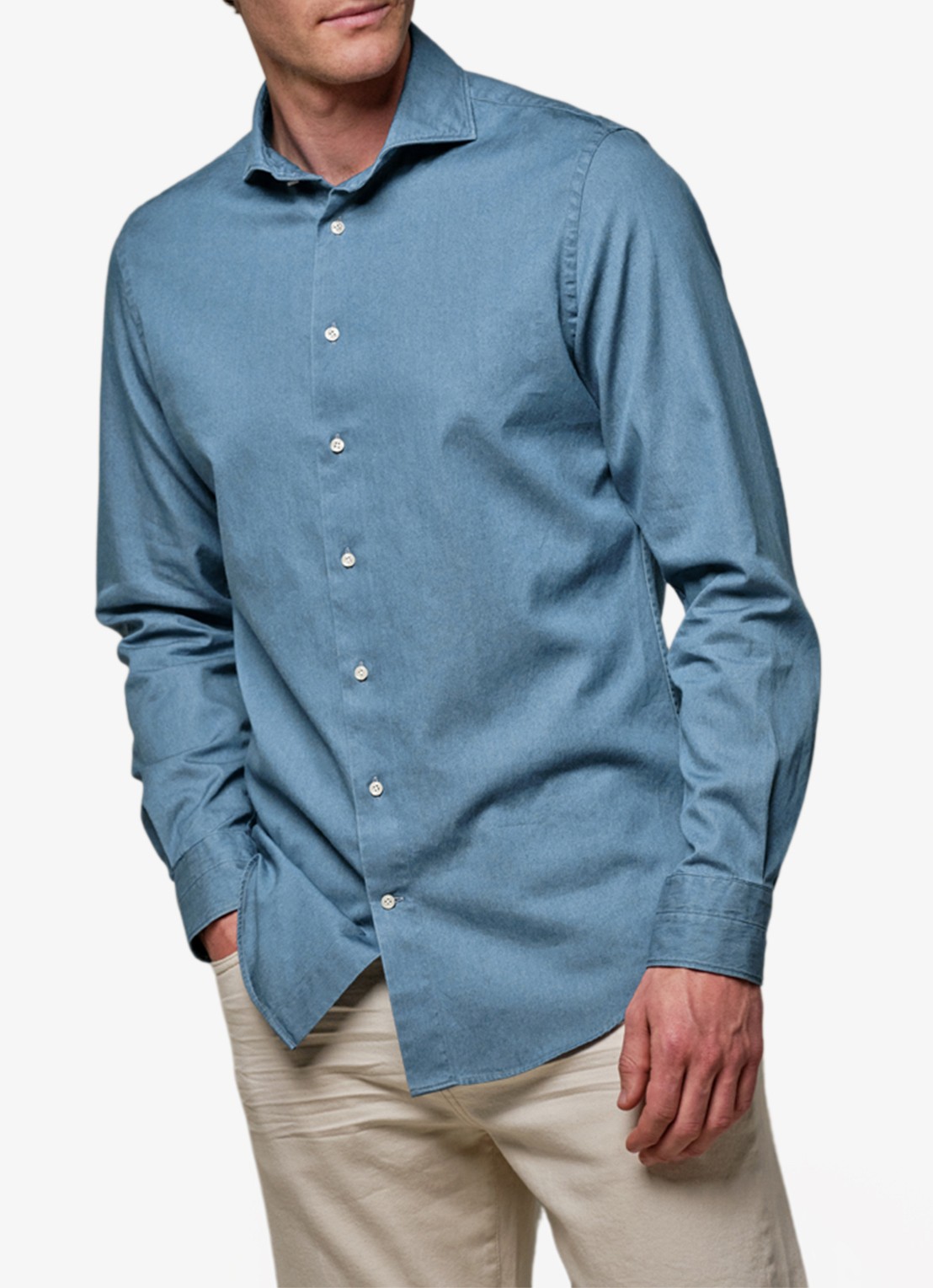 Profuomo Slim fit denim shirt met cutaway kraag - detail blauw