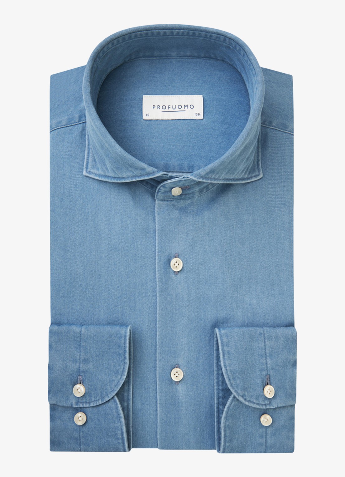 Profuomo Slim fit denim shirt met cutaway kraag - voorkant 4 blauw