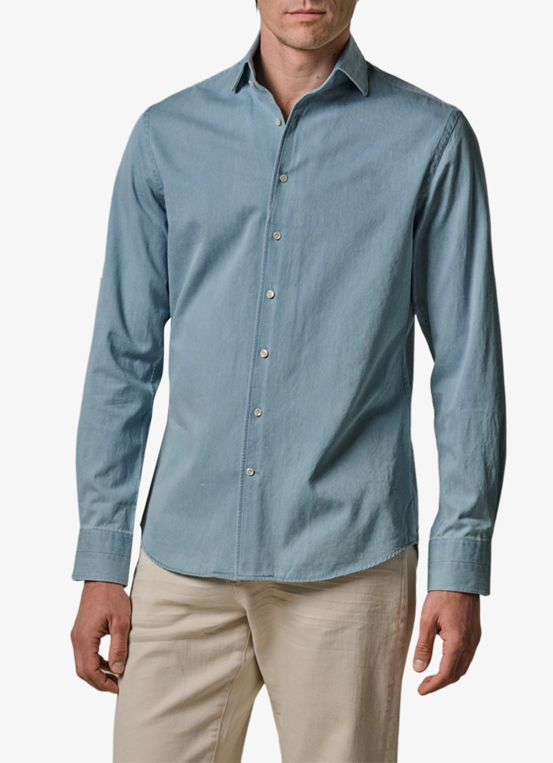 Profuomo Slim fit denim shirt met one piece kraag - detail blauw