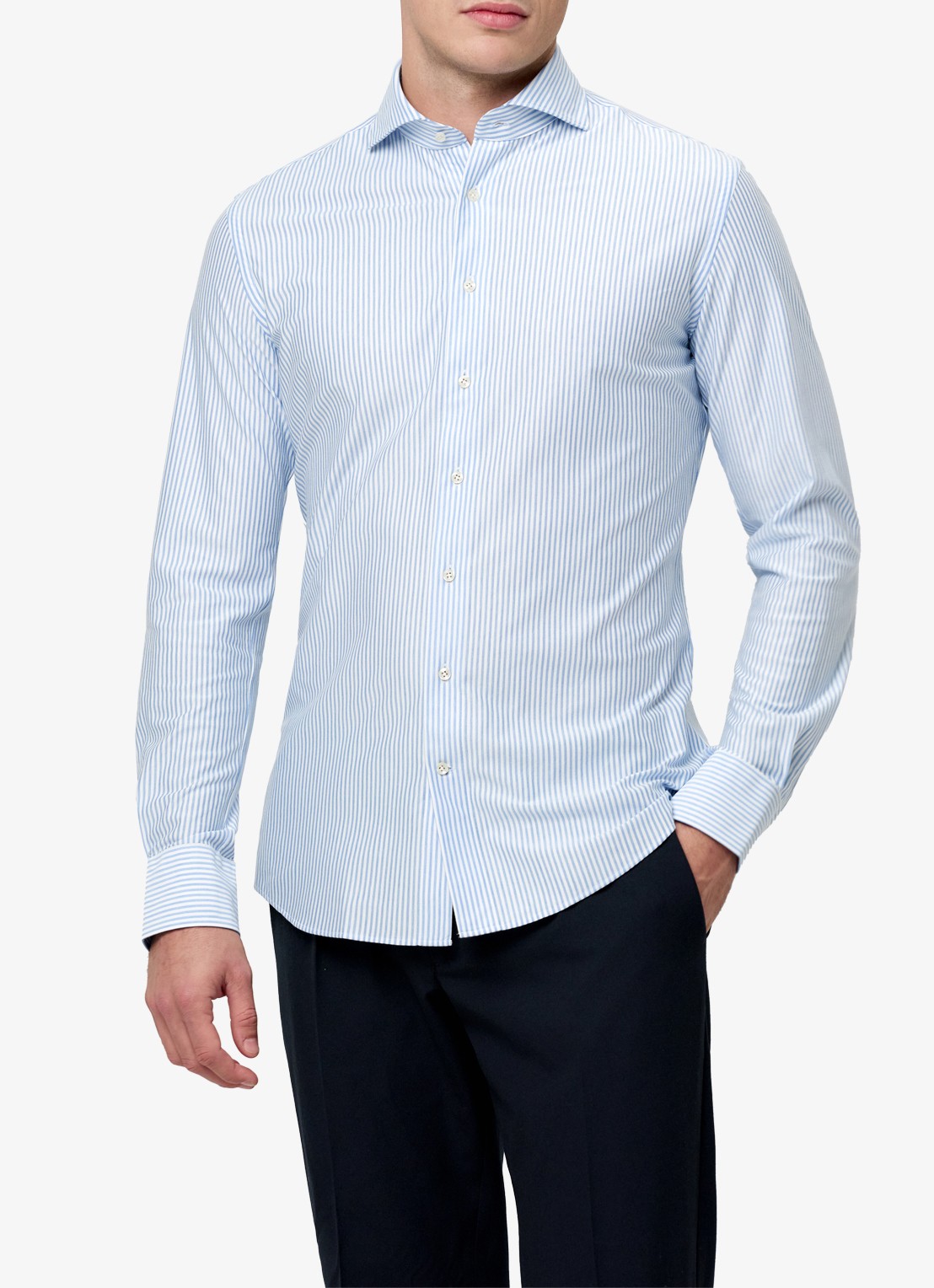 Profuomo Slim fit Japanese knitted shirt met streepprint - detail lichtblauw