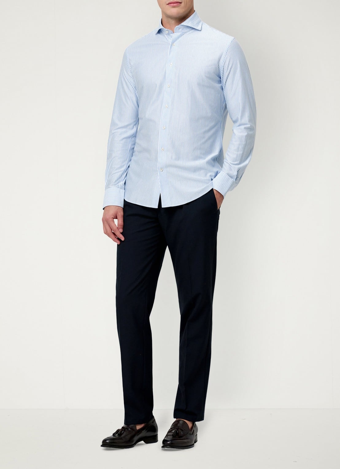 Profuomo Slim fit Japanese knitted shirt met streepprint - voorkant 5 lichtblauw