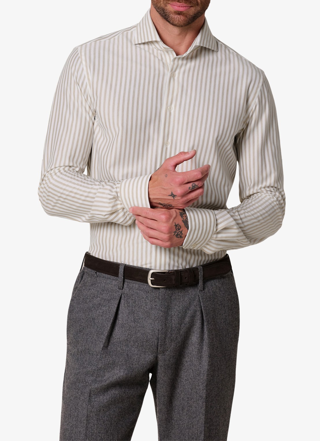 Profuomo Slim fit Japanese knitted shirt overhemd met streepprint - detail 4 beige