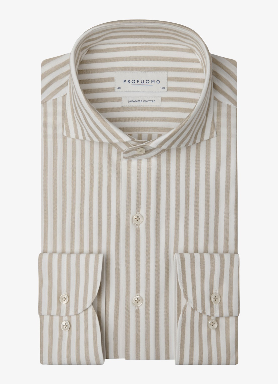 Profuomo Slim fit Japanese knitted shirt overhemd met streepprint - voorkant beige
