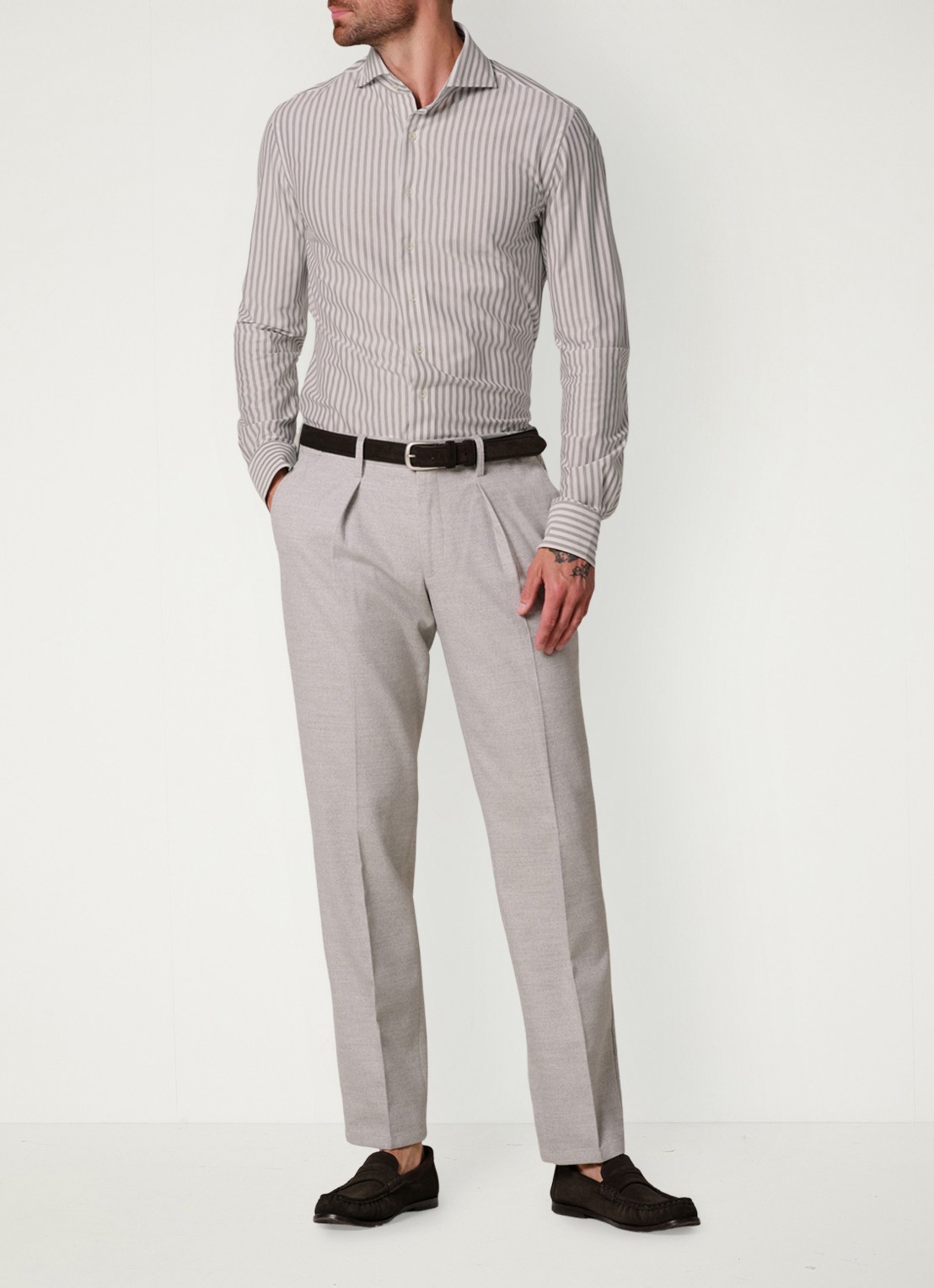 Profuomo Slim fit Japanese knitted shirt overhemd met streepprint - voorkant 2 grijs