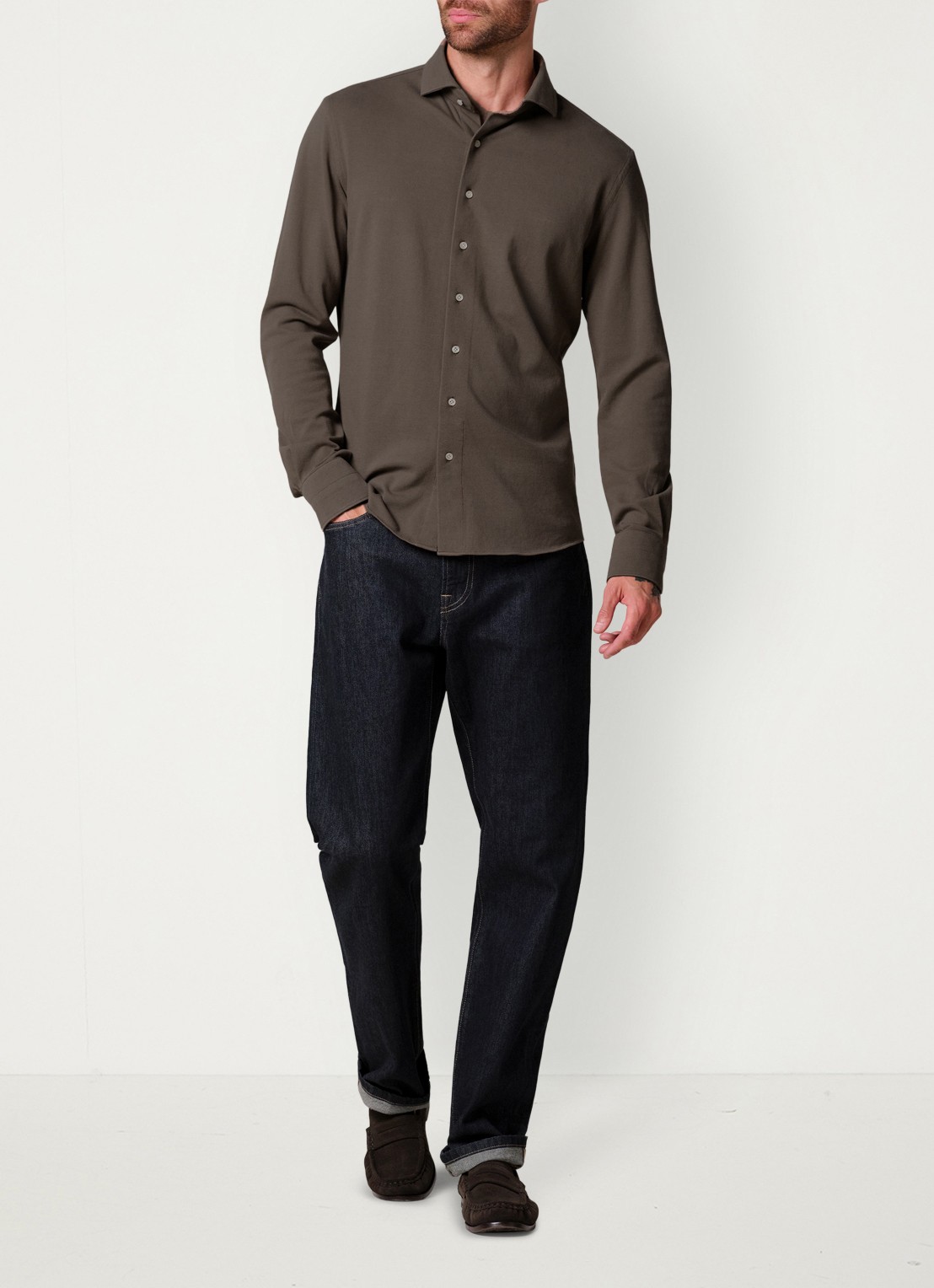 Profuomo Slim fit knitted shirt overhemd - voorkant 3 taupe