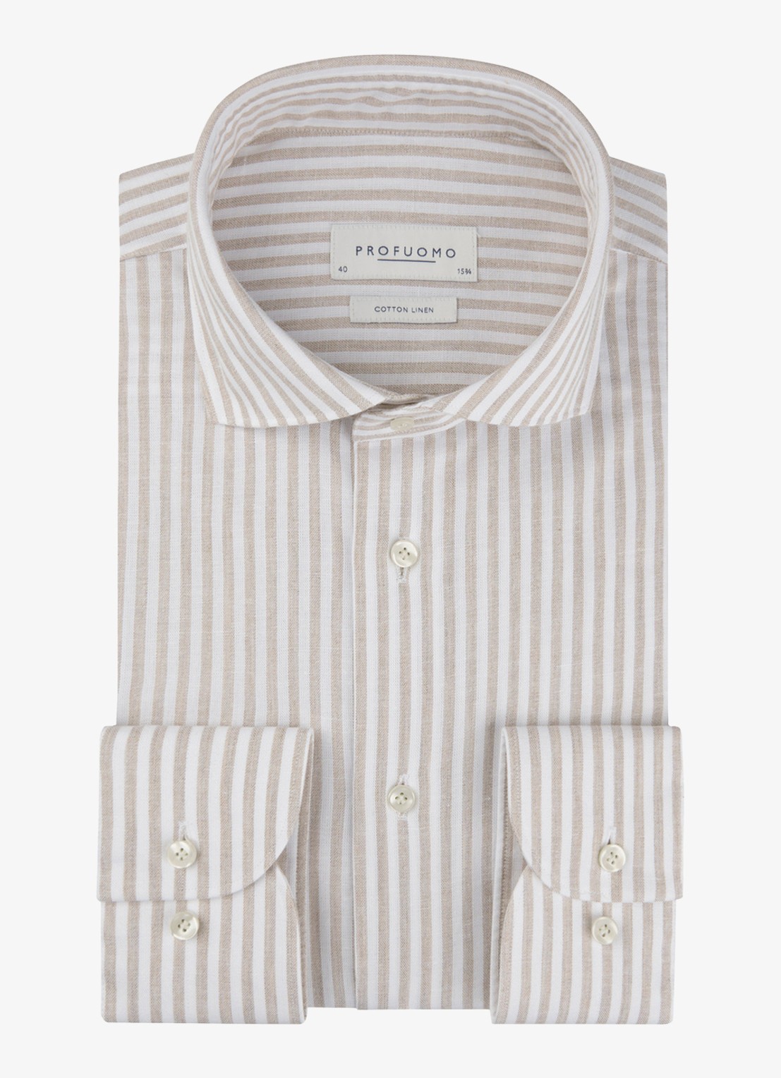 Profuomo Slim fit overhemd in linnenblend met streepprint - voorkant beige