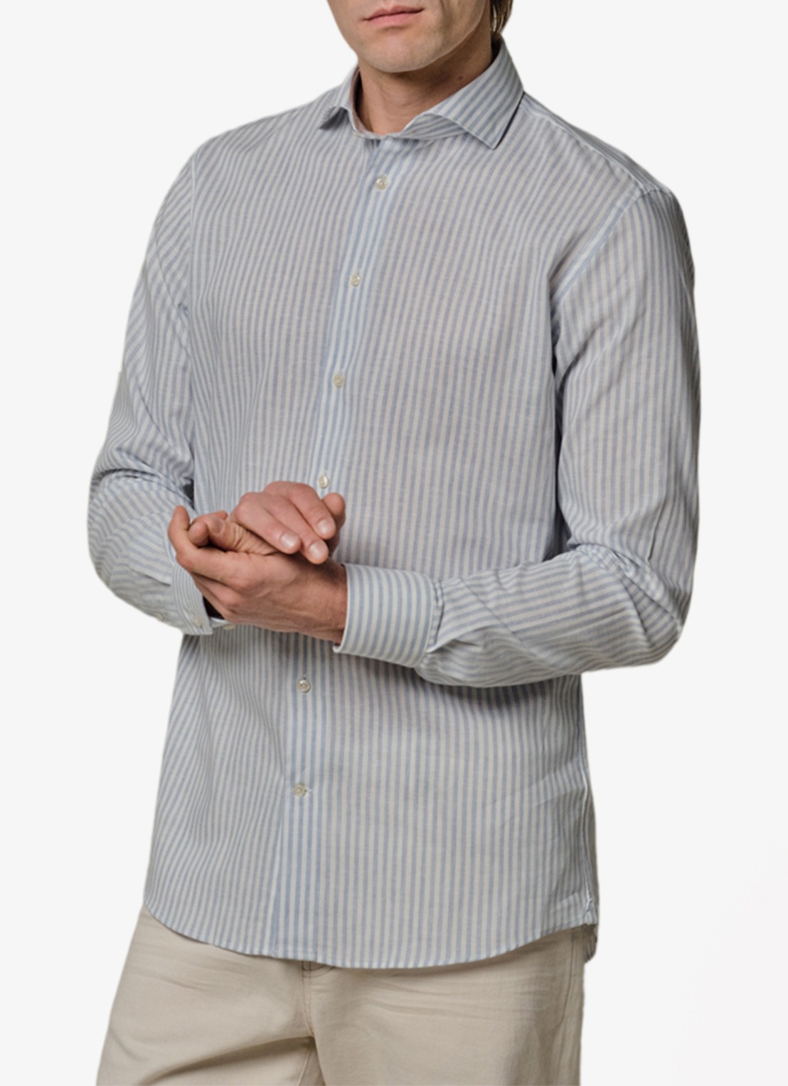 Profuomo Slim fit overhemd in linnenblend met streepprint - detail 4 blauw