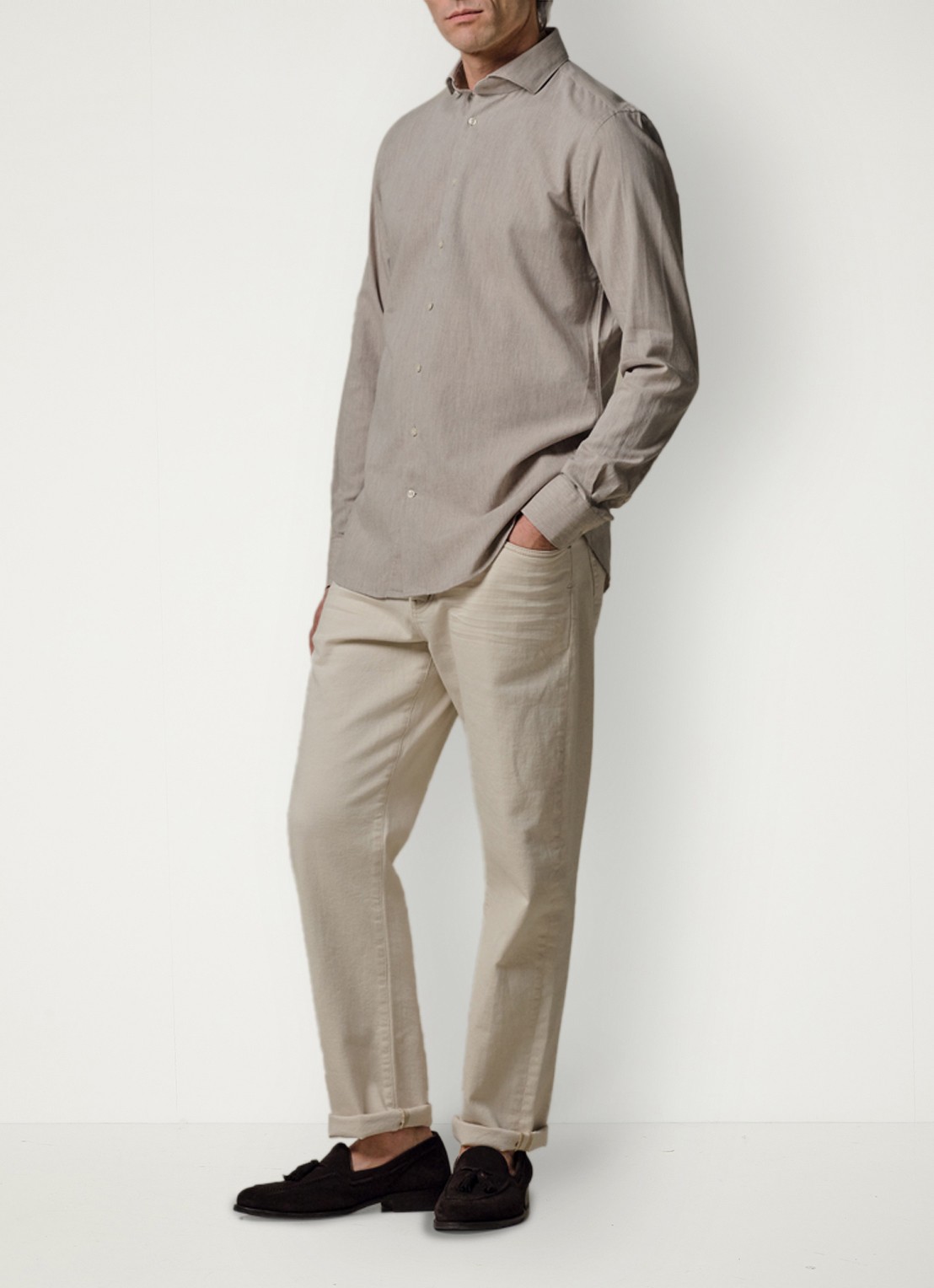 Profuomo Slim fit overhemd in linnenblend - voorkant 3 beige