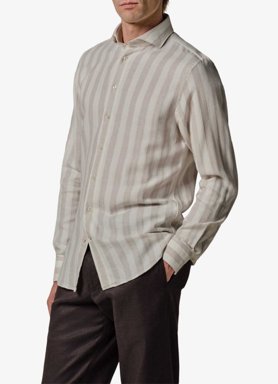 Profuomo Slim fit overhemd met streepprint in linnenblend - detail 4 beige