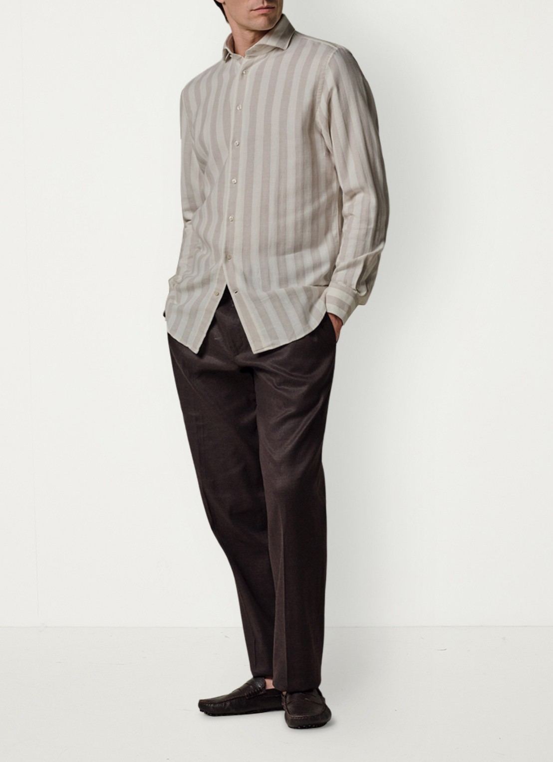 Profuomo Slim fit overhemd met streepprint in linnenblend - voorkant 2 beige