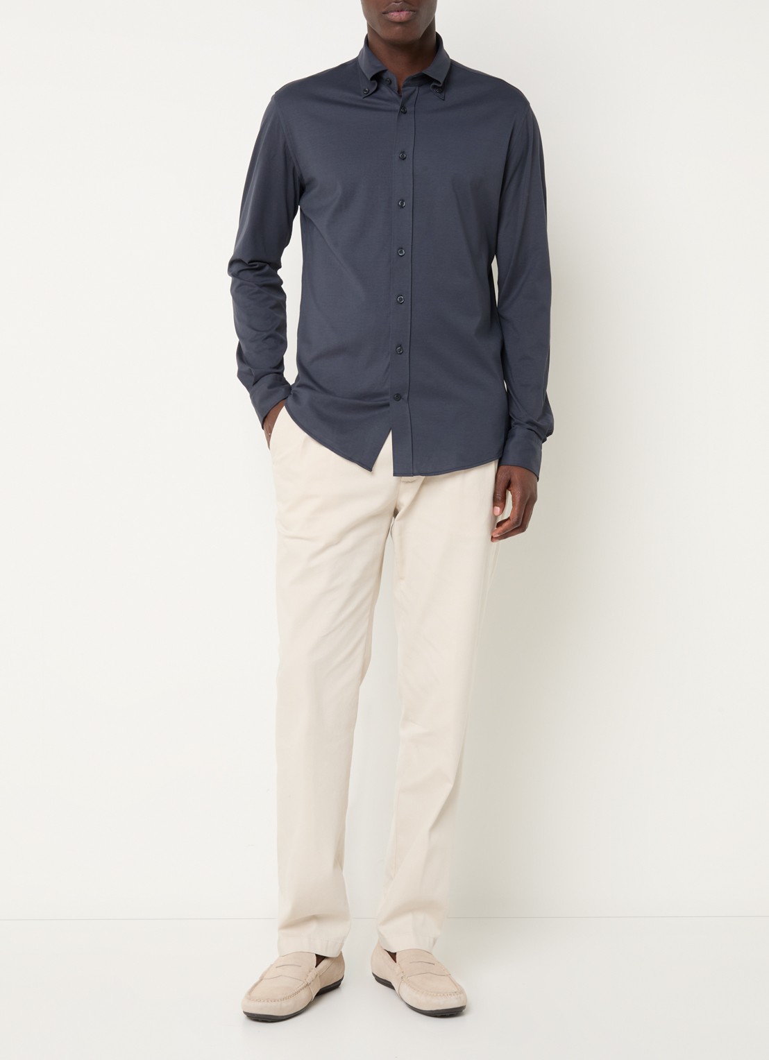 Profuomo Slim fit overhemd met stretch  - voorkant 3 donkerblauw