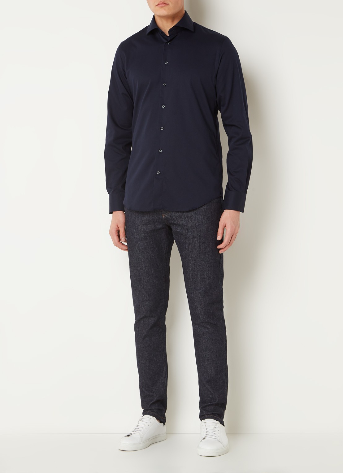 Profuomo Slim fit overhemd van katoen - voorkant 2 donkerblauw