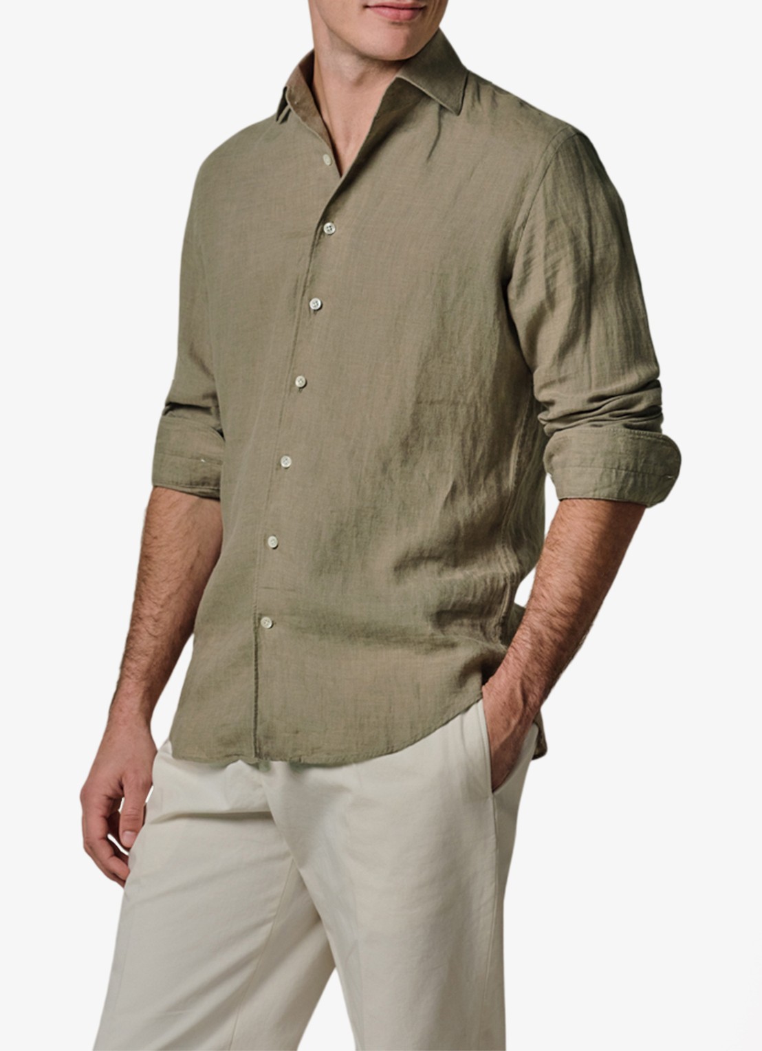 Profuomo Slim fit overhemd van linnen - detail 4 middengroen