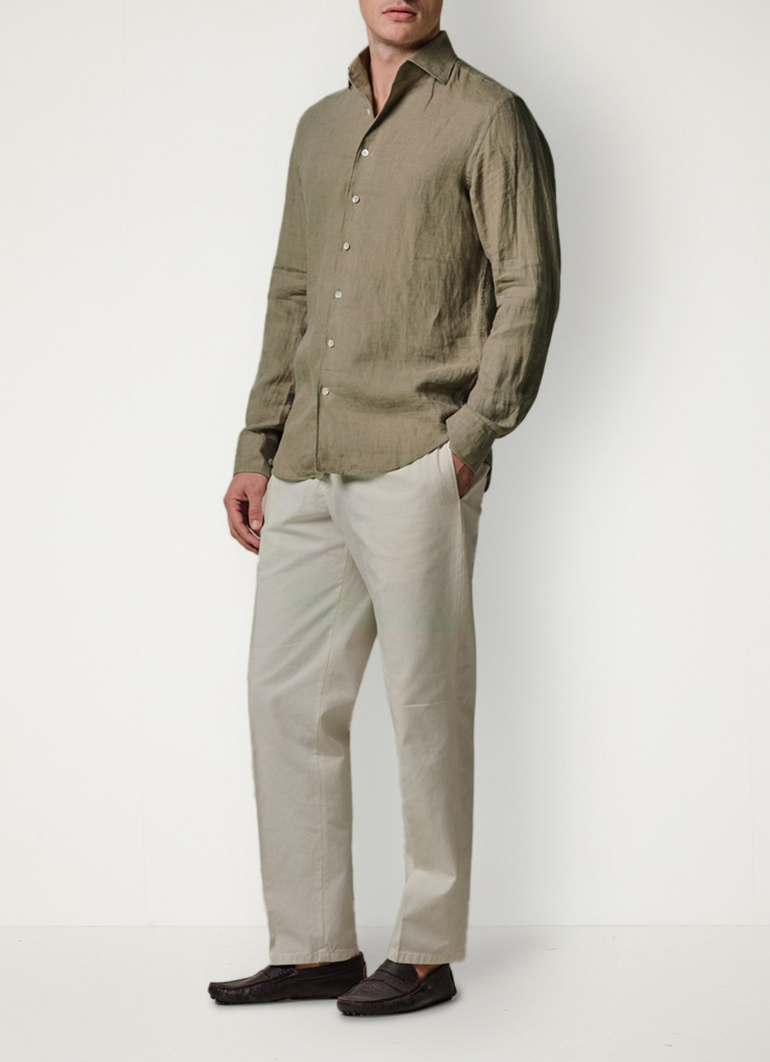 Profuomo Slim fit overhemd van linnen - voorkant 3 middengroen