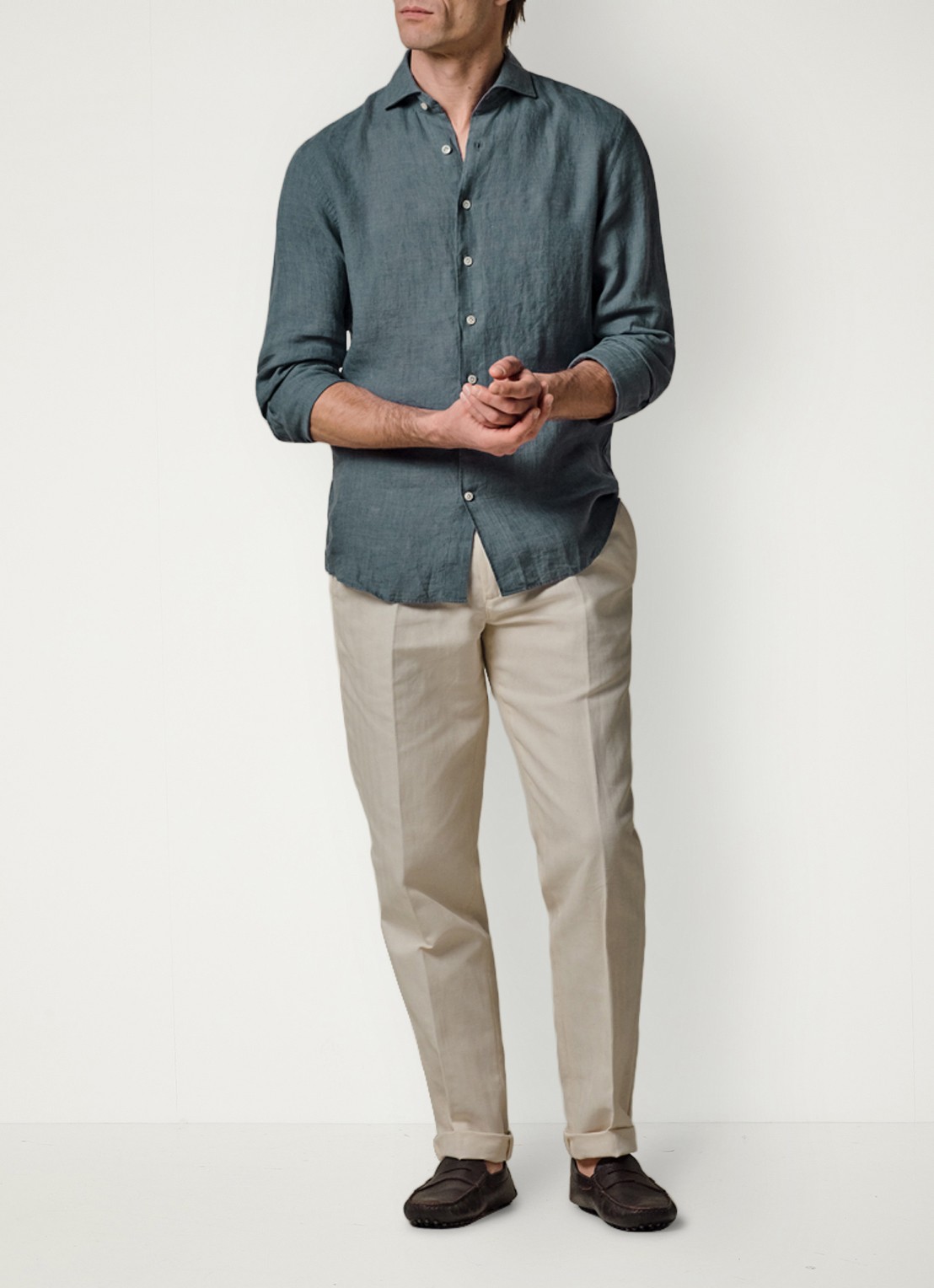 Profuomo Slim fit overhemd van linnen - voorkant 2 blauwgrijs