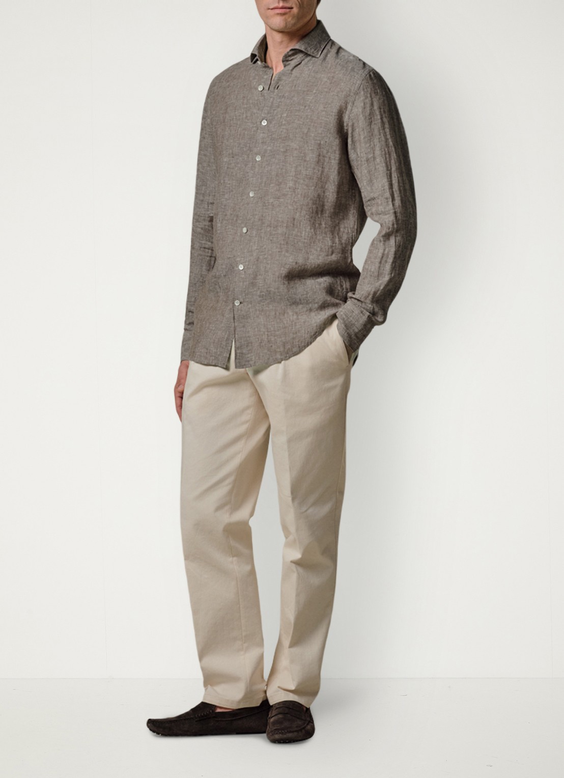 Profuomo Slim fit overhemd van linnen - voorkant 3 bruin