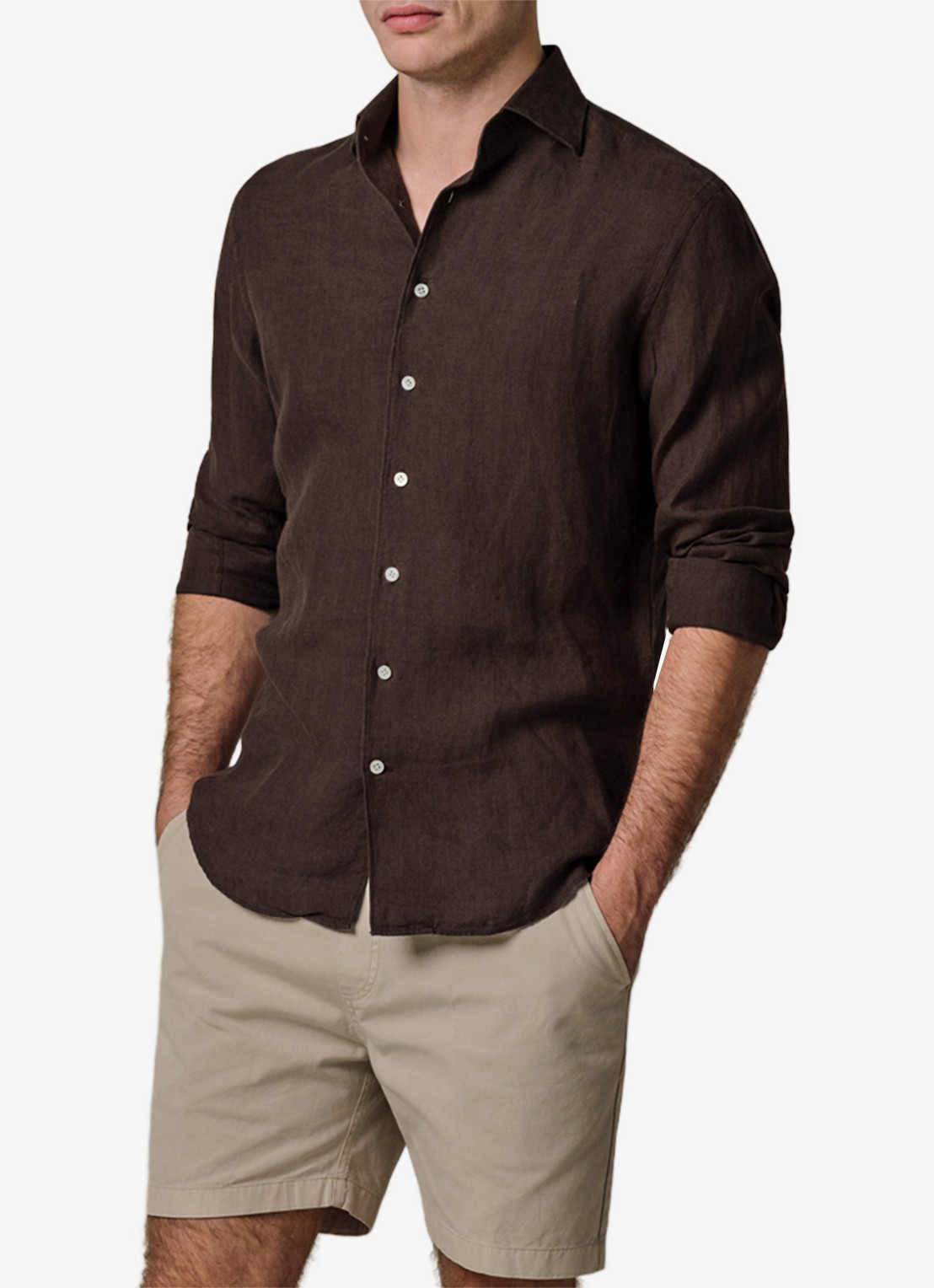 Profuomo Slim fit overhemd van linnen - detail bruin
