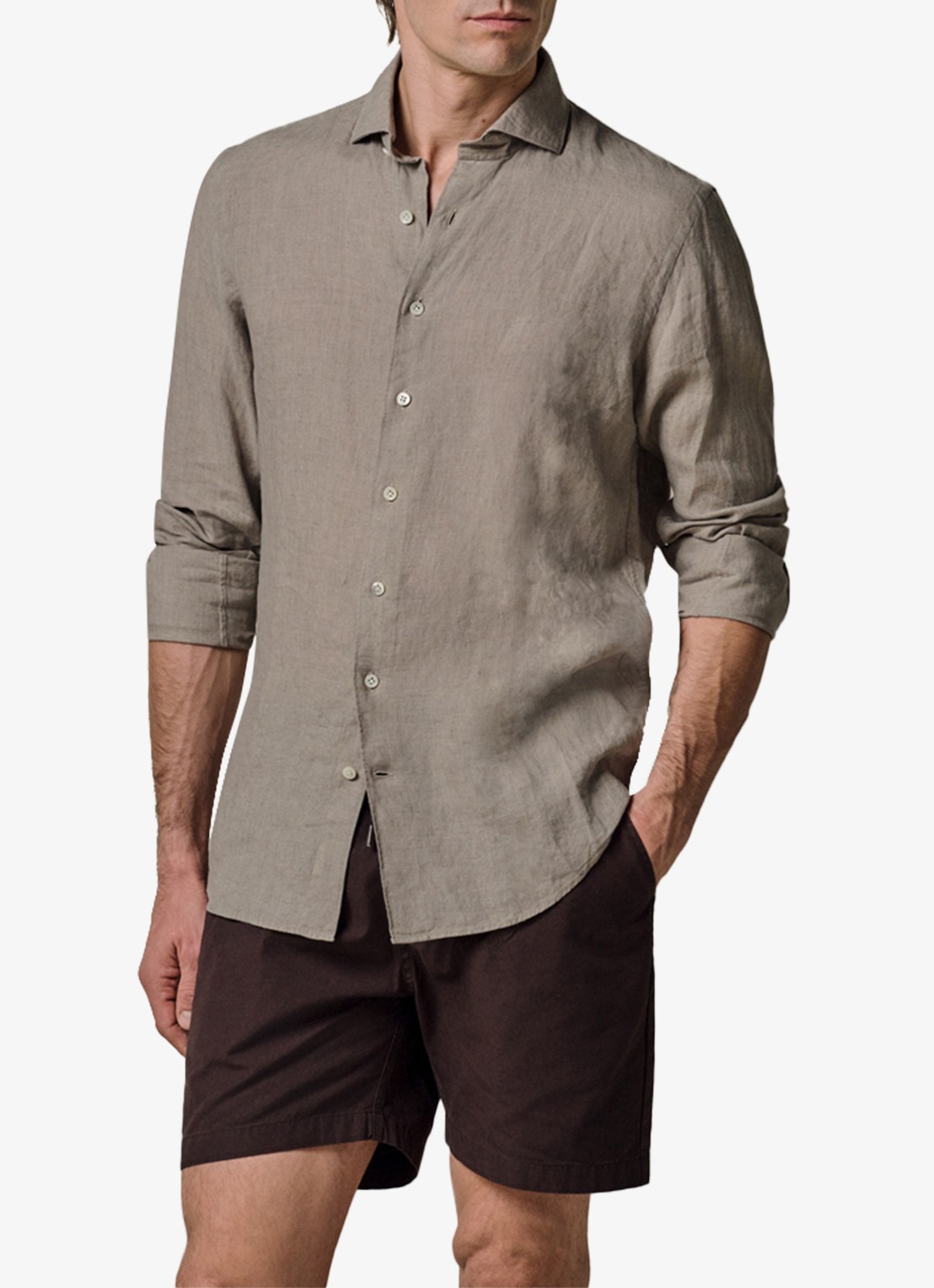 Profuomo Slim fit overhemd van linnen - detail 4 taupe