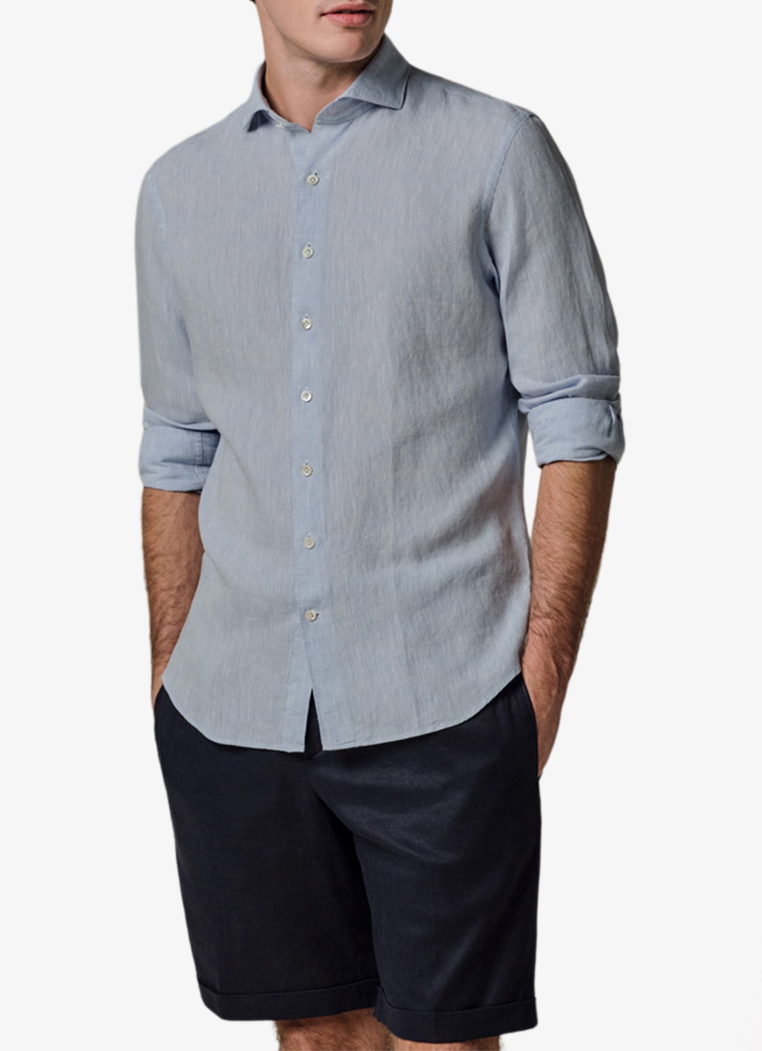 Profuomo Slim fit overhemd van linnen - detail 4 lichtblauw