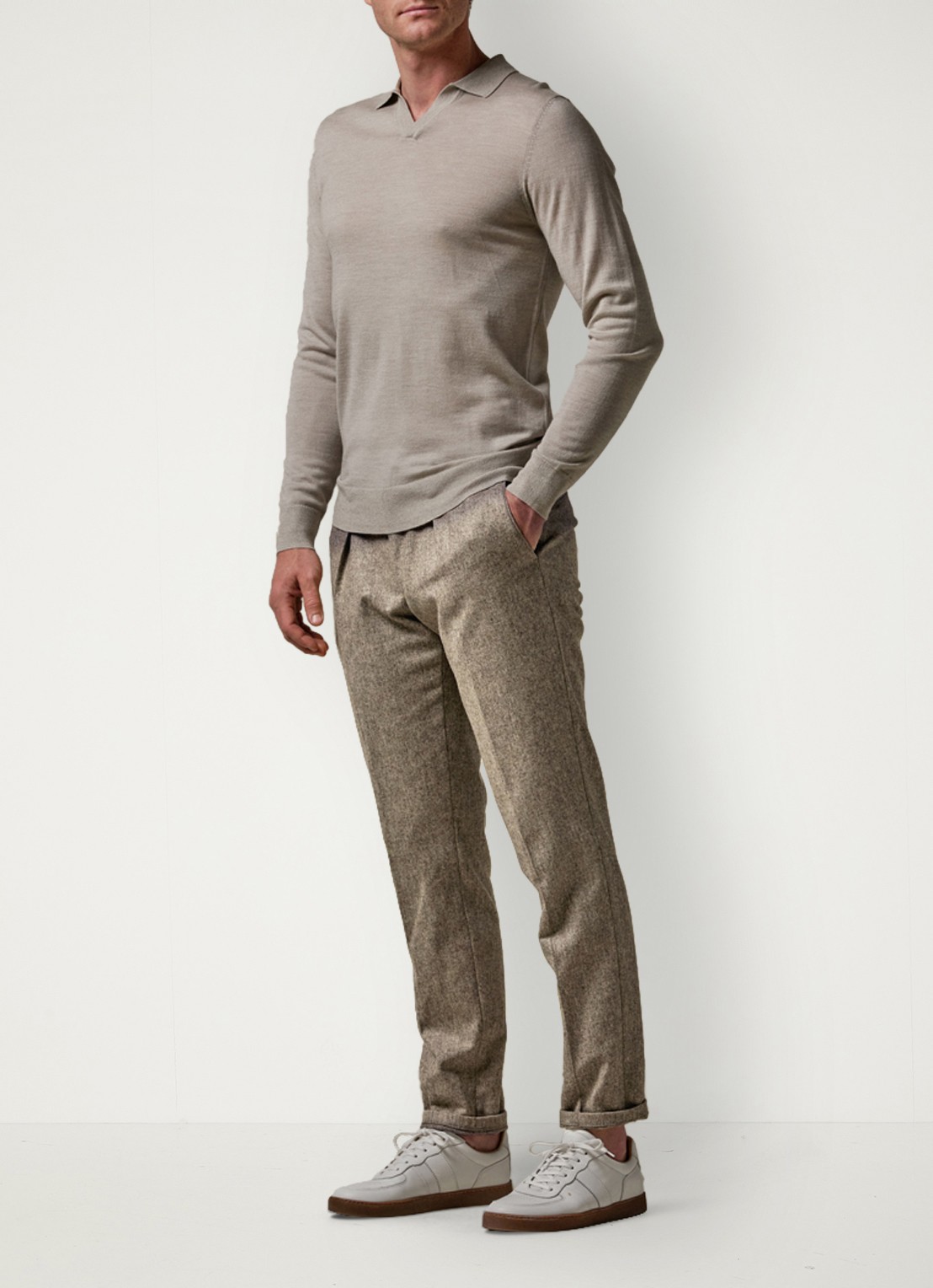 Profuomo Slim fit pantalon in wolblend met steekzakken - voorkant 2 donkerbeige