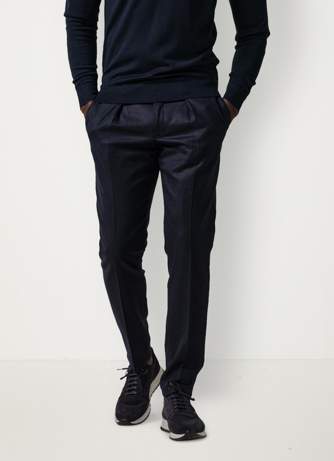 Profuomo Slim fit pantalon in wolblend met steekzakken - detail donkerblauw
