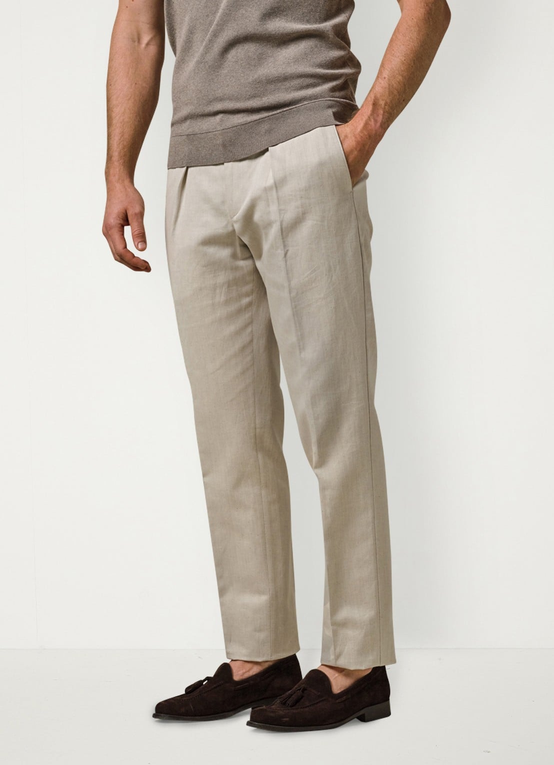 Profuomo Straight fit chino in linnenblend - detail 3 zand