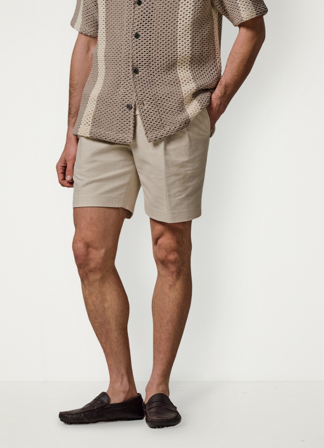 Profuomo Straight fit korte broek in linnenblend - detail wit