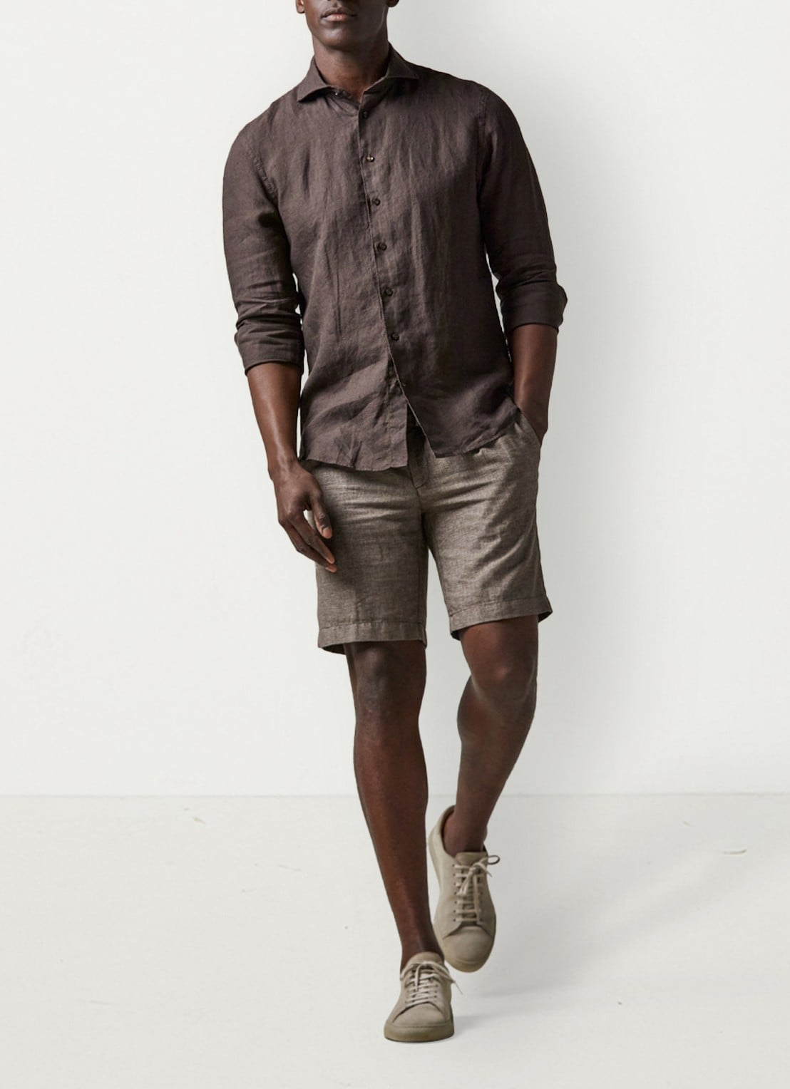 Profuomo Straight fit korte broek in linnenblend - voorkant 2 bruin