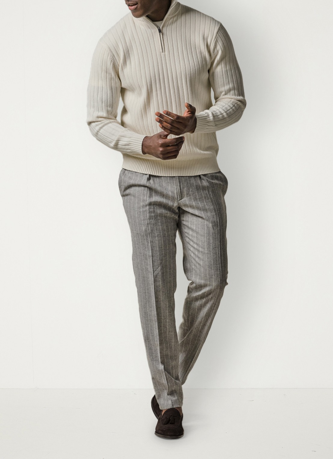 Profuomo Straight fit pantalon in scheerwolblend met streepprint - voorkant 5 grijsmele