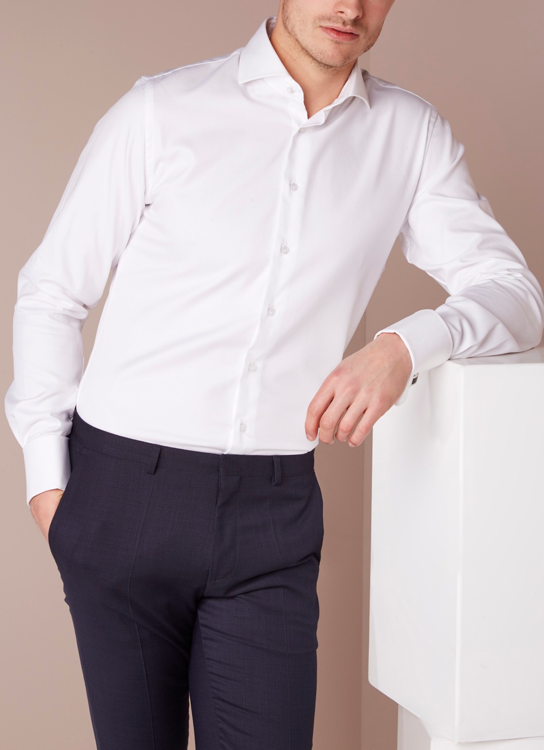 Profuomo Strijkvrij slim fit overhemd met dubbele manchet - detail 3 wit