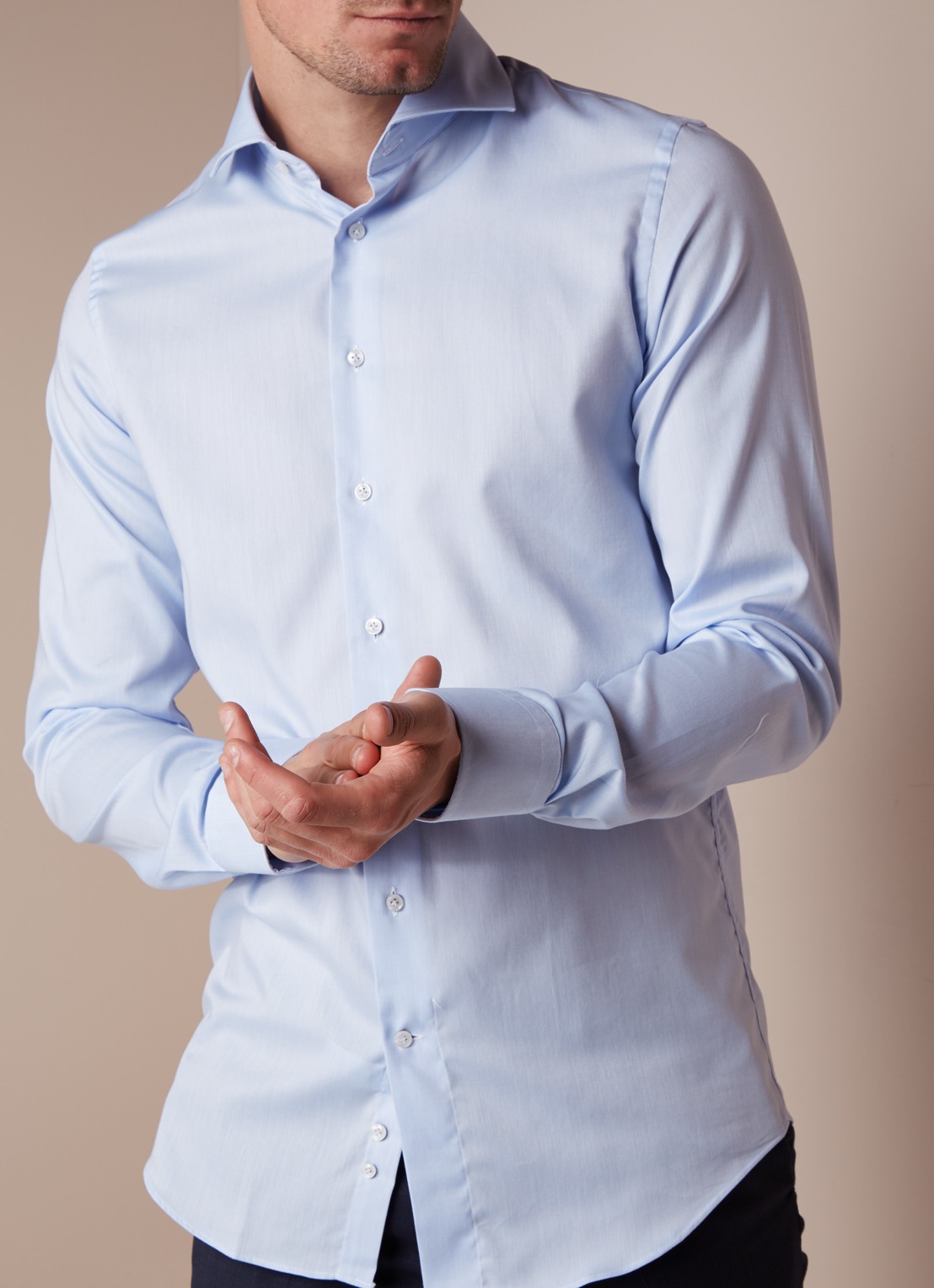 Profuomo Strijkvrij slim fit overhemd met extra lange mouw - detail 2 lichtblauw