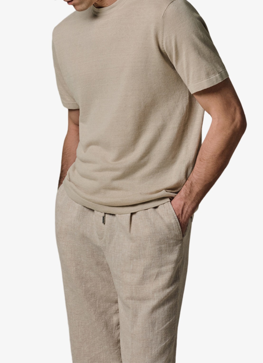 Profuomo T-shirt in linnenblend met ronde hals - detail beige