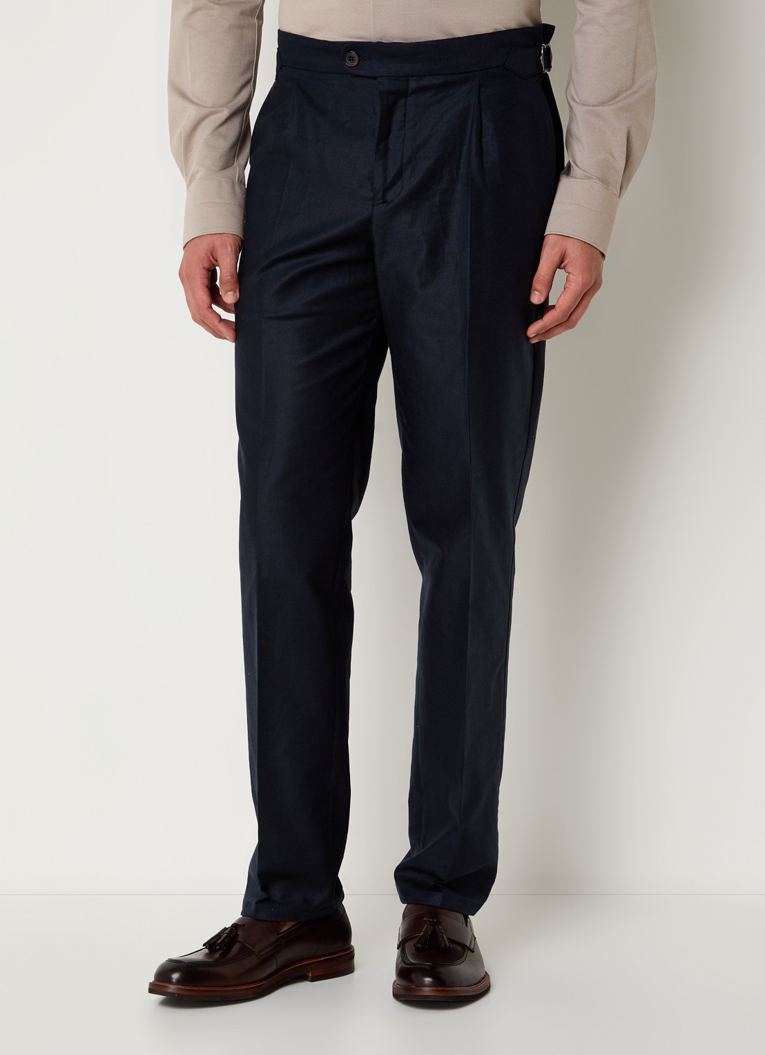 Profuomo Tapered fit pantalon in linnenblend met steekzakken - detail donkerblauw