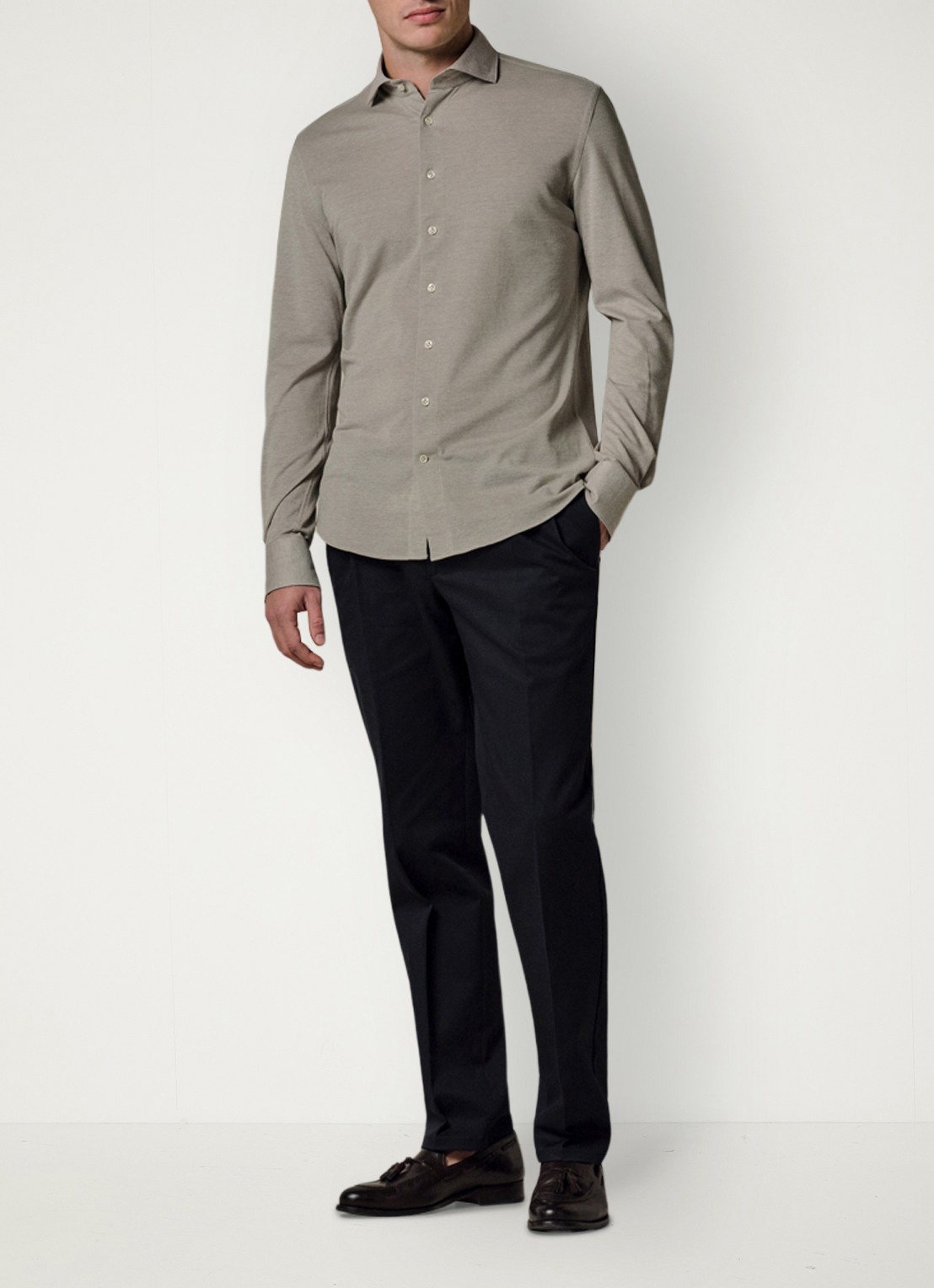 Profuomo The knitted shirt slim fit overhemd van piqué katoen - voorkant 3 middengroen