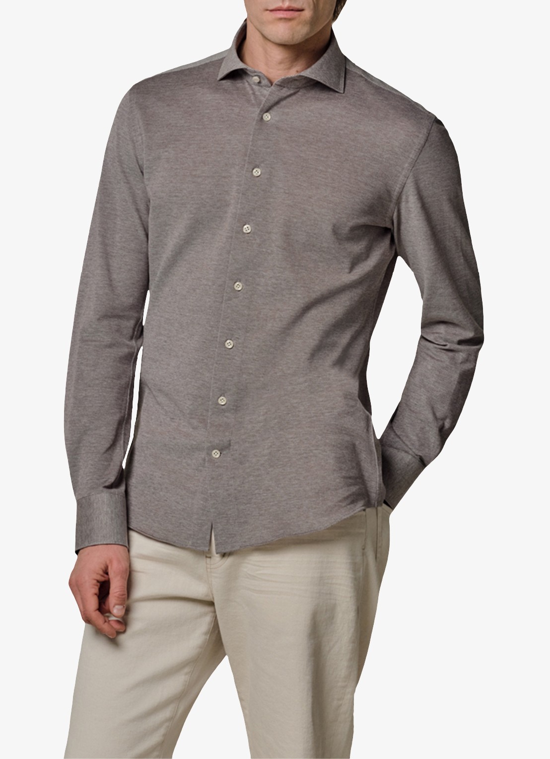 Profuomo The knitted shirt slim fit overhemd van piqué katoen - detail 3 bruin