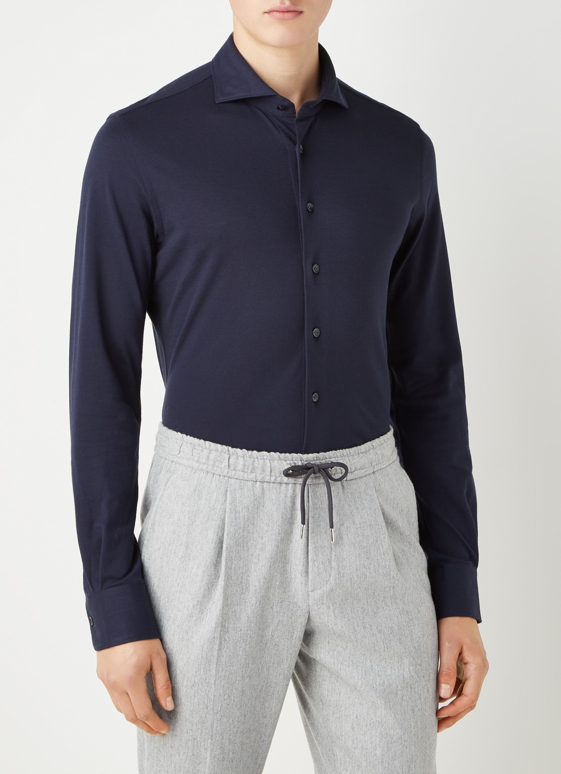 Profuomo The knitted shirt slim fit overhemd van piqué katoen - detail 4 donkerblauw