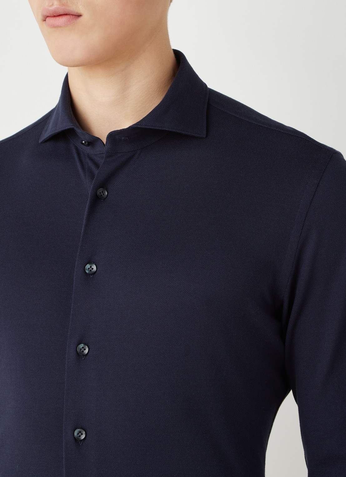 Profuomo The knitted shirt slim fit overhemd van piqué katoen - detail 5 donkerblauw