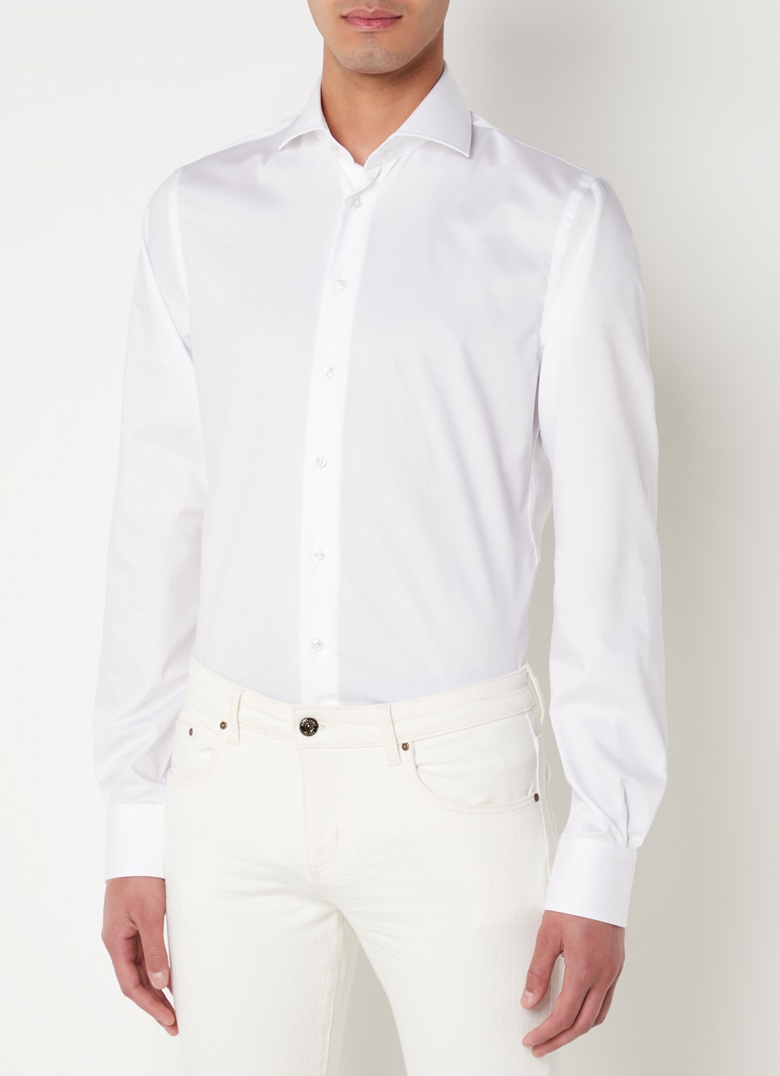 Profuomo Wit strijkvrij slim fit overhemd met extra lange mouw - detail wit