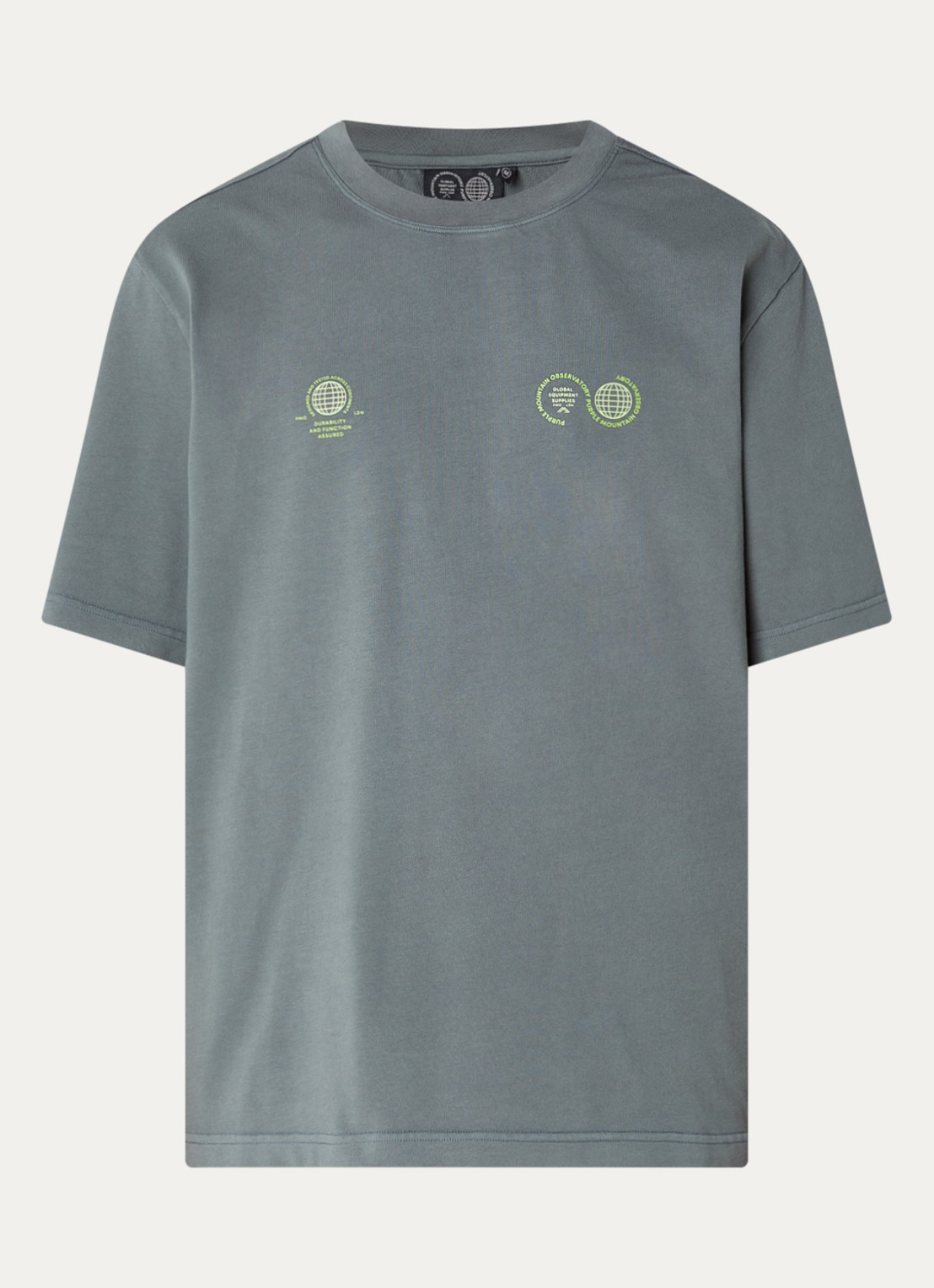 Purple Mountain Observatory Globe T-shirt met logo- en backprint - voorkant 3 blauwgrijs