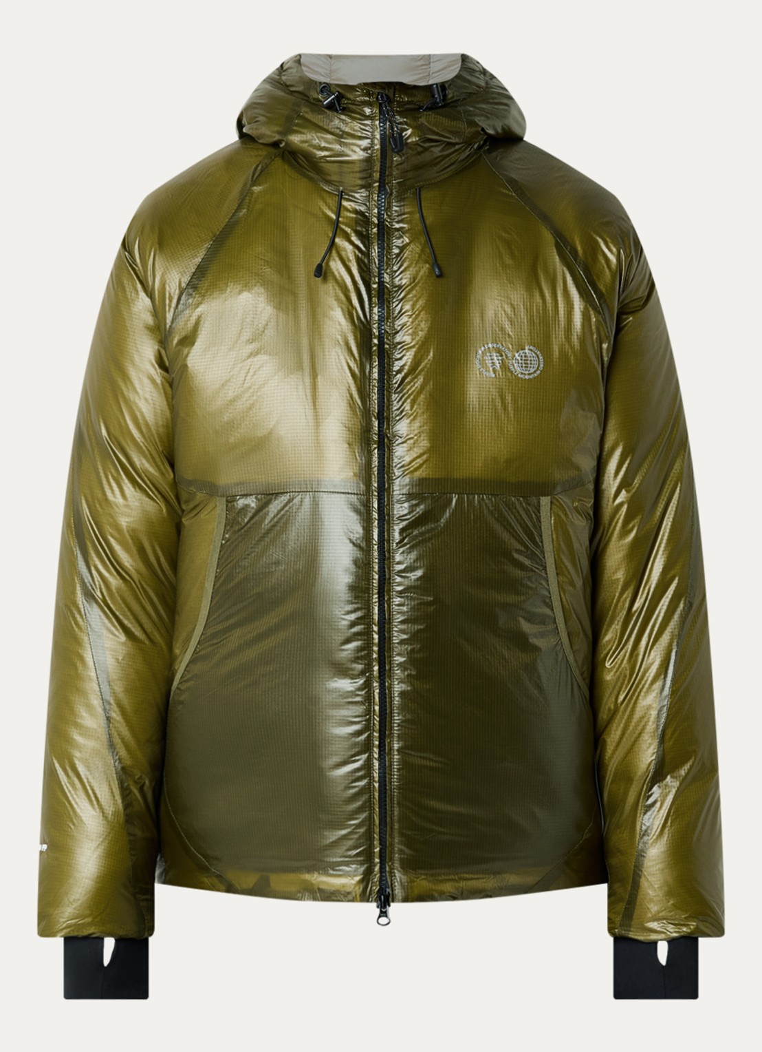 Purple Mountain Observatory Shield puffer jack met donsvulling en glanzende finish - voorkant 3 olijfgroen