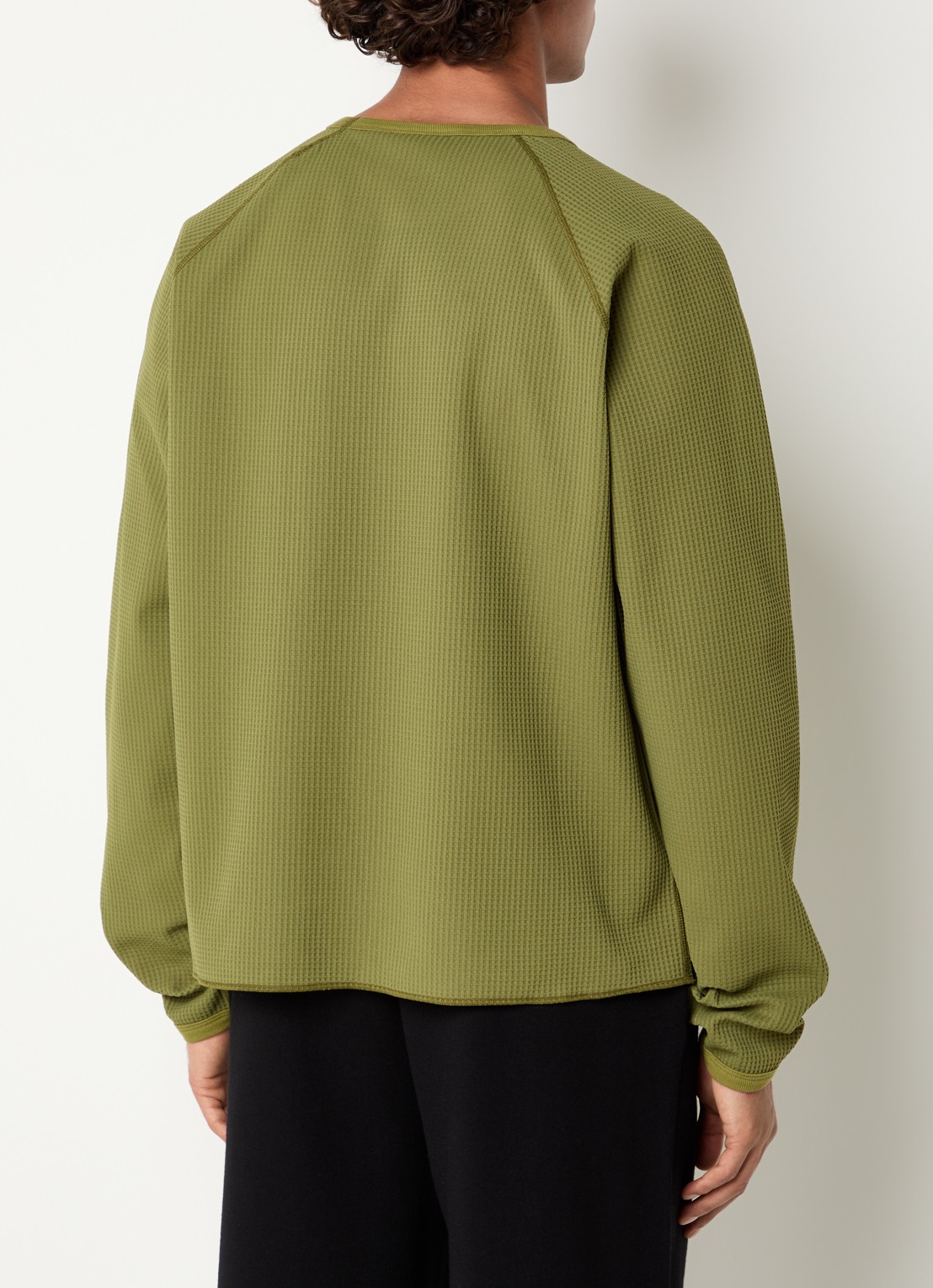 Purple Mountain Observatory Waffle longsleeve met structuur en ritszak - achterkant 2 olijfgroen