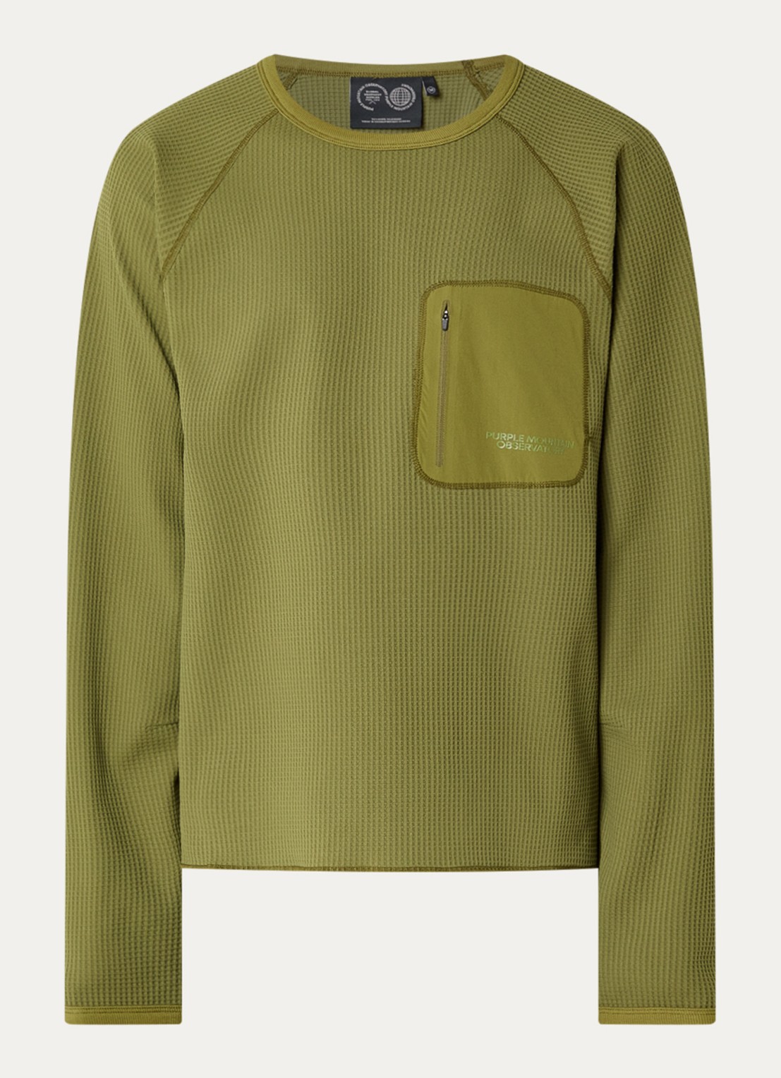 Purple Mountain Observatory Waffle longsleeve met structuur en ritszak - voorkant 3 olijfgroen
