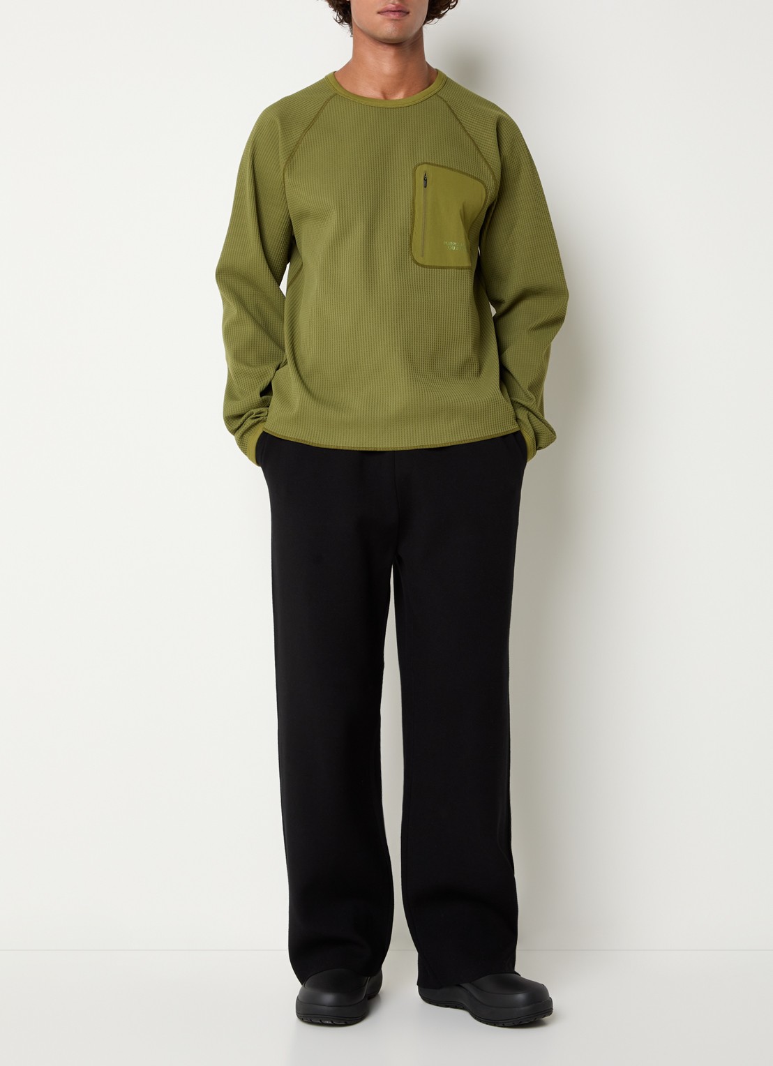 Purple Mountain Observatory Waffle longsleeve met structuur en ritszak - voorkant 4 olijfgroen
