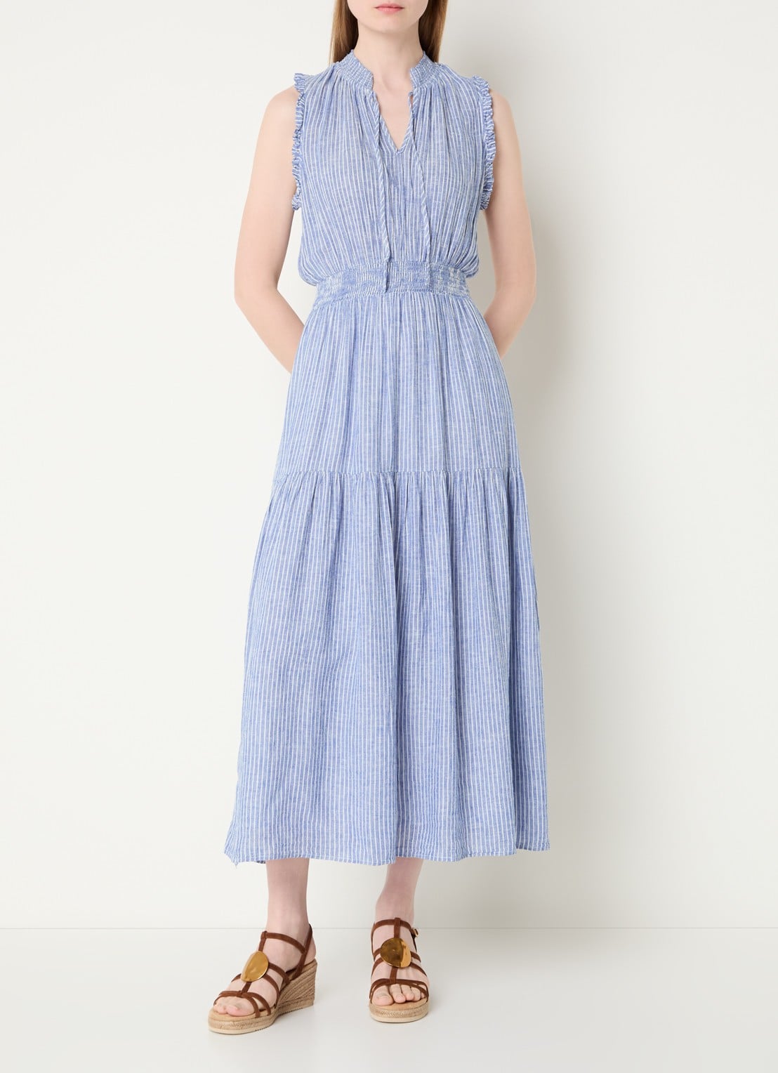 Rails Alessi mouwloze maxi jurk in linnenblend met volant - detail 4 lichtblauw