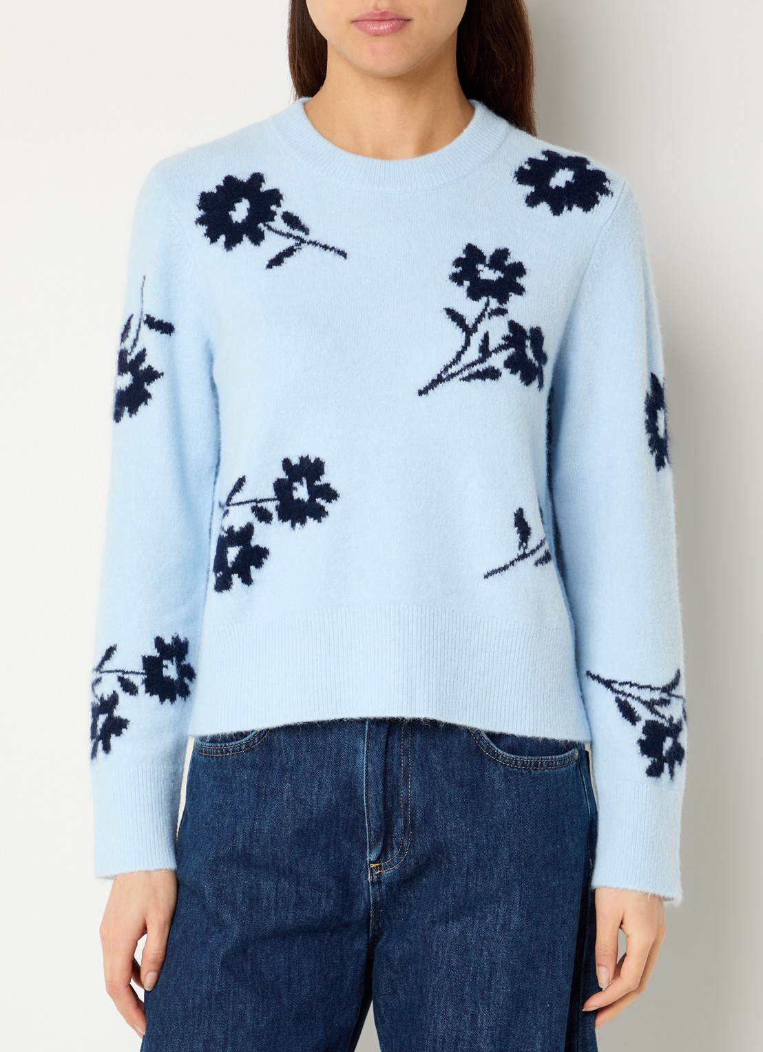 Rails Anise fijngebreide trui in merino wolblend met print - detail lichtblauw