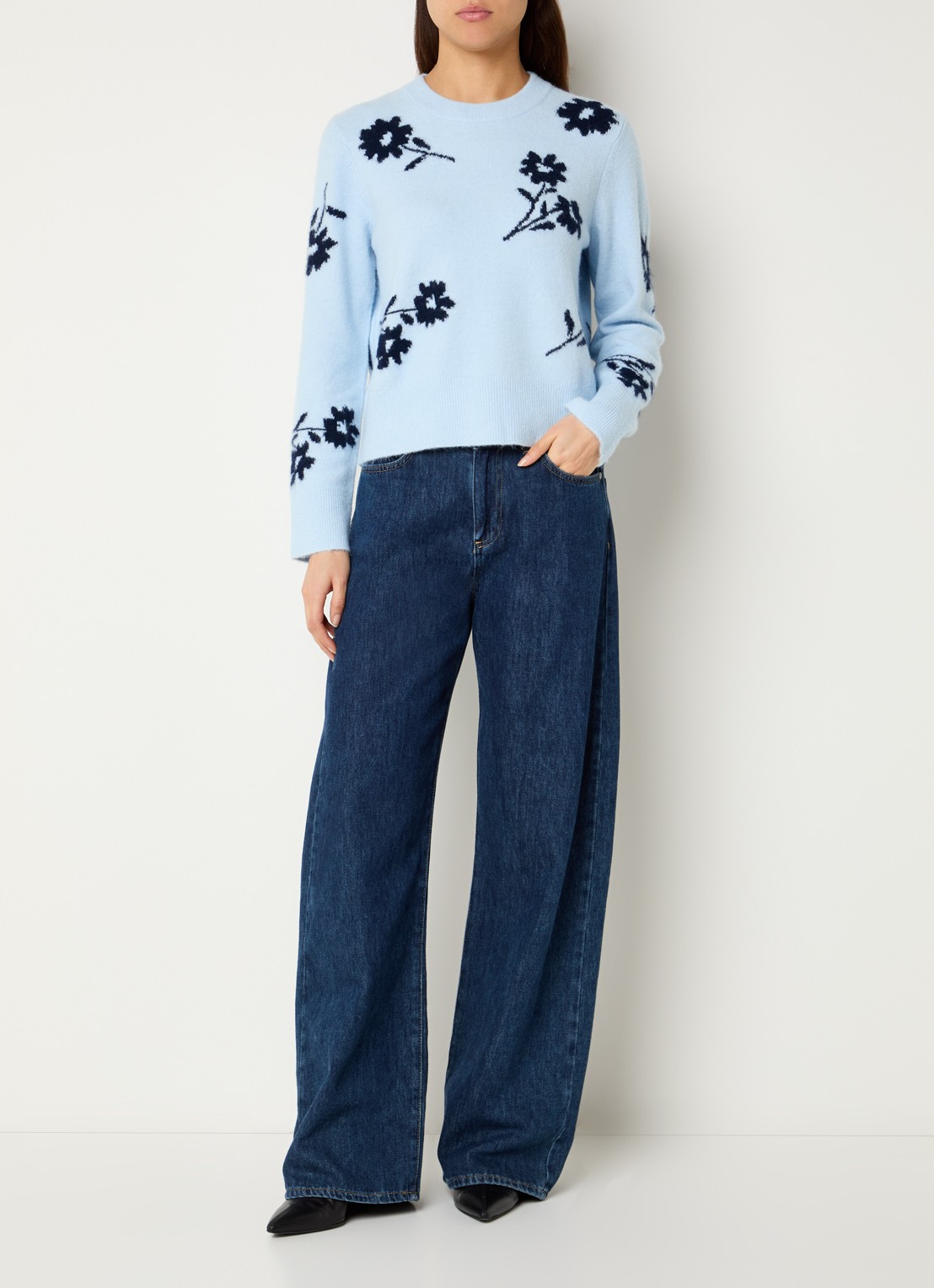 Rails Anise fijngebreide trui in merino wolblend met print - voorkant 3 lichtblauw