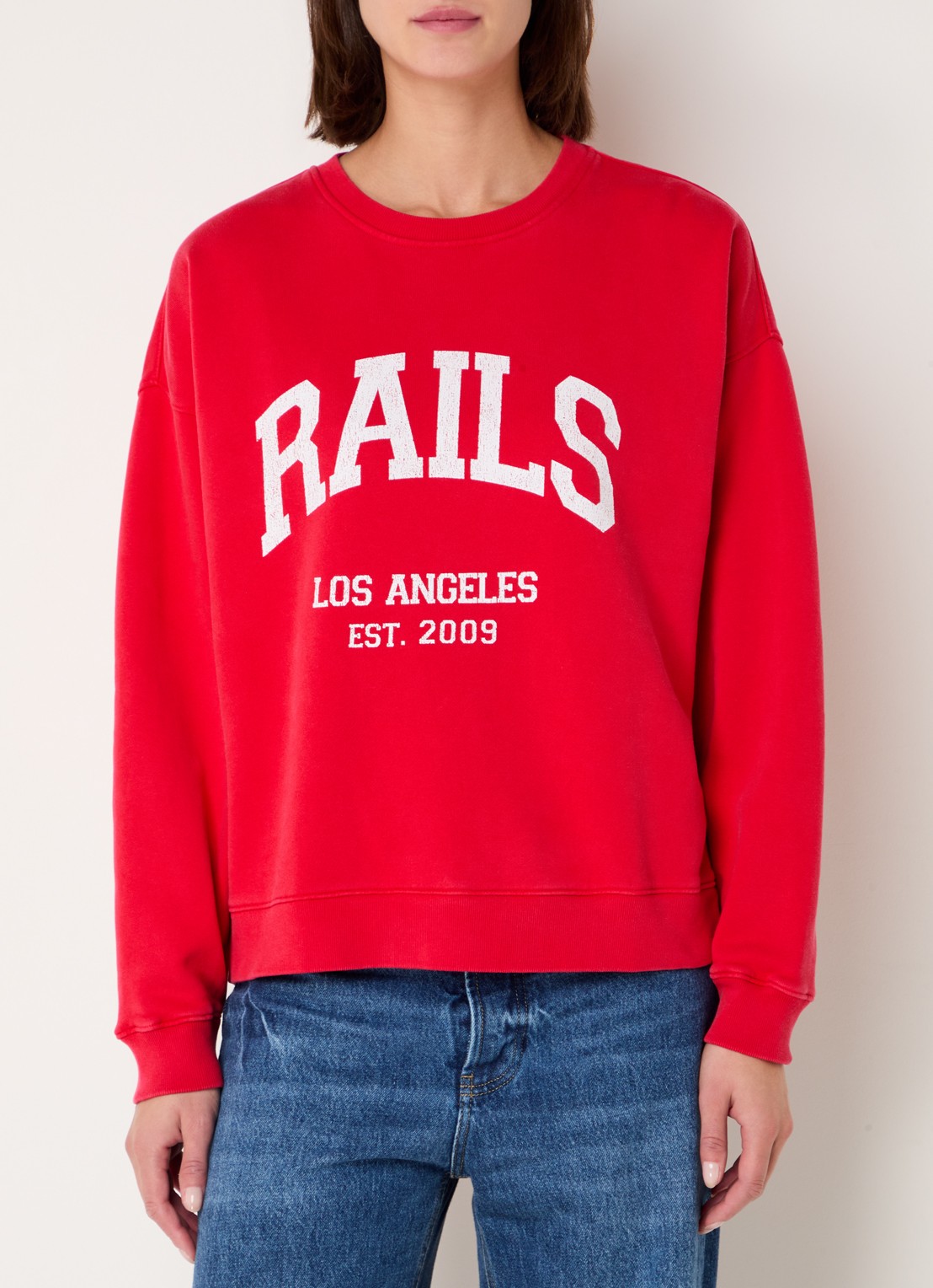 Rails Anniversary sweater met logoprint - detail koraalrood