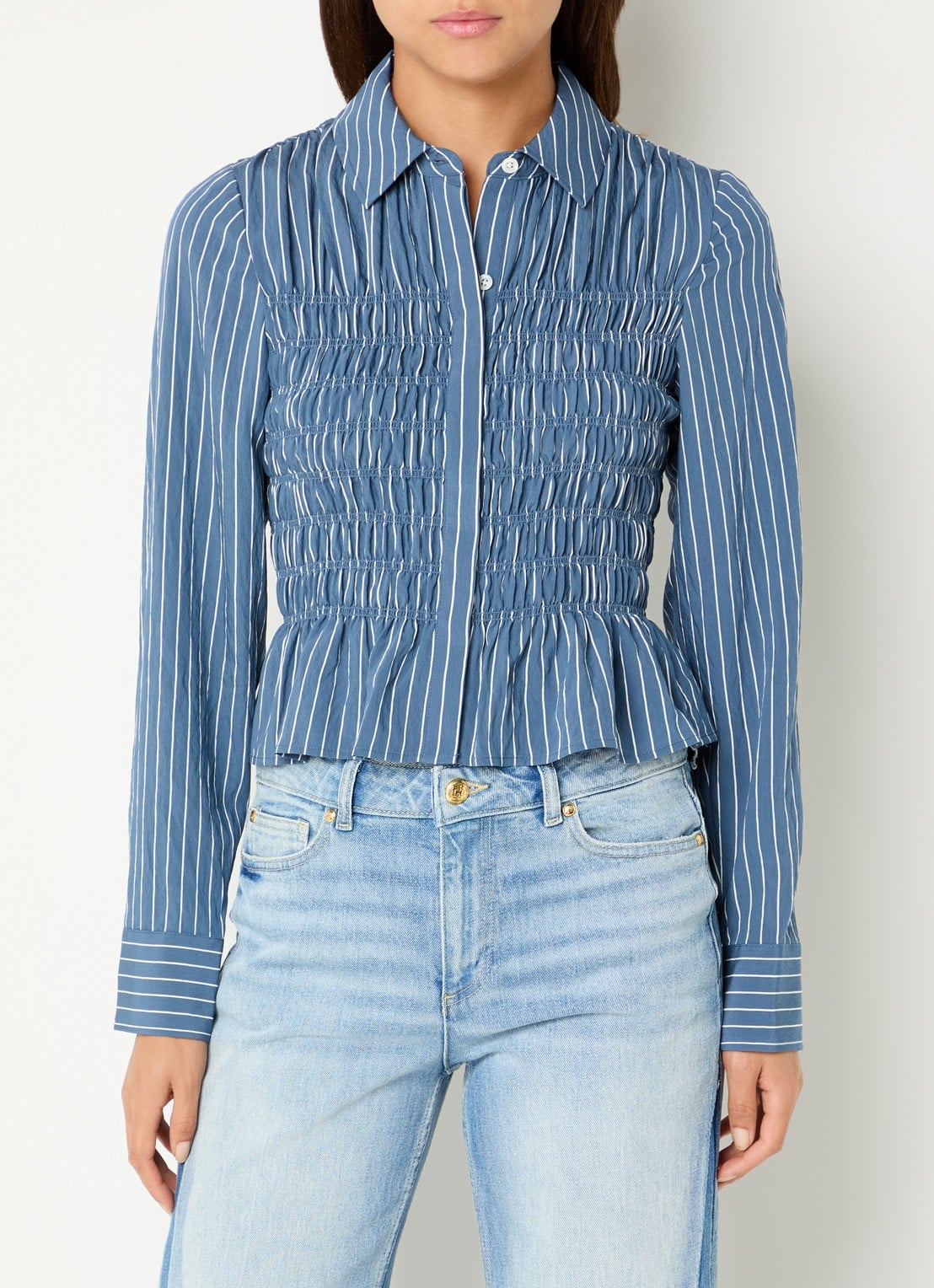 Rails Bradshaw blouse met smockwerk en streepprint - detail blauw
