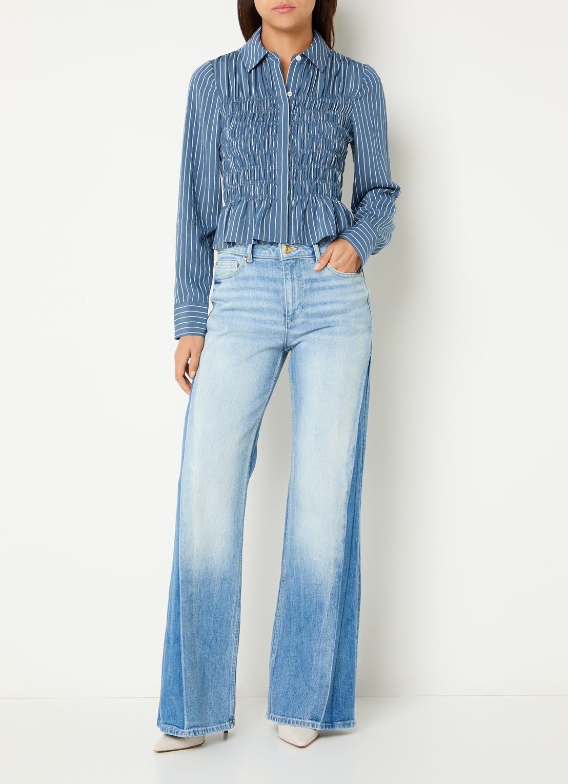 Rails Bradshaw blouse met smockwerk en streepprint - voorkant 4 blauw